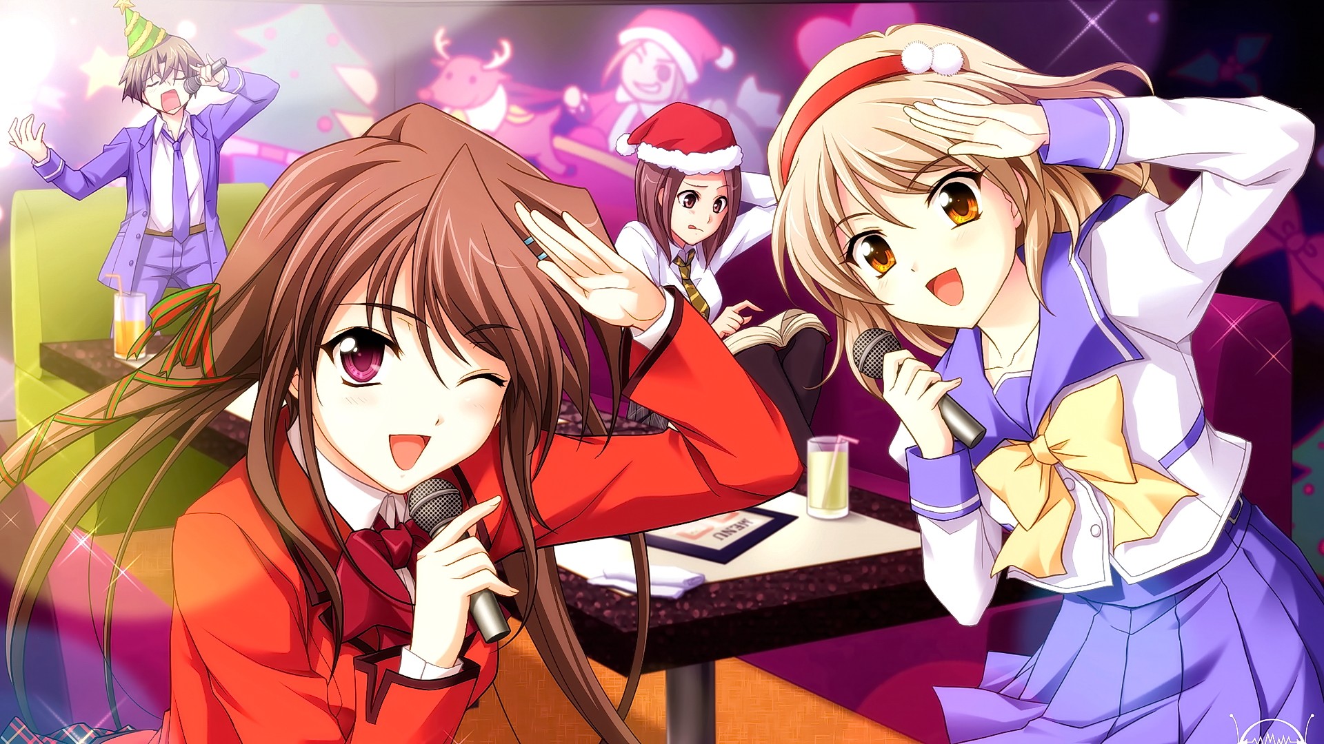 Anime 1920x1080 anime anime girls blonde brunette long hair closed eyes red eyes open mouth smiling school uniform looking at viewer microphone Santa hats one eye closed