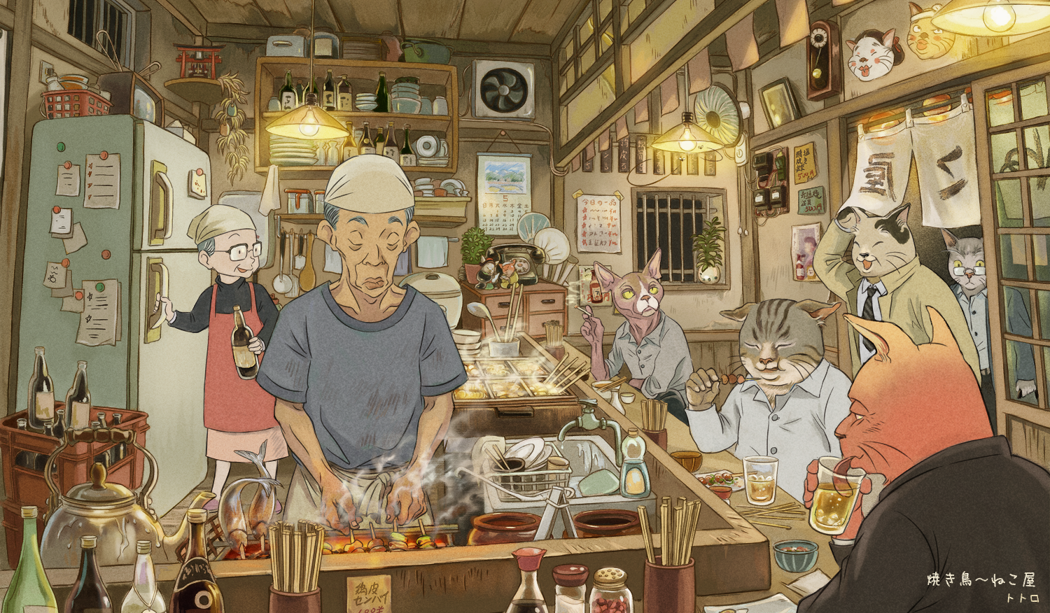 Anime 1500x876 food restaurant interior anime cats old people animals drink indoors fridge