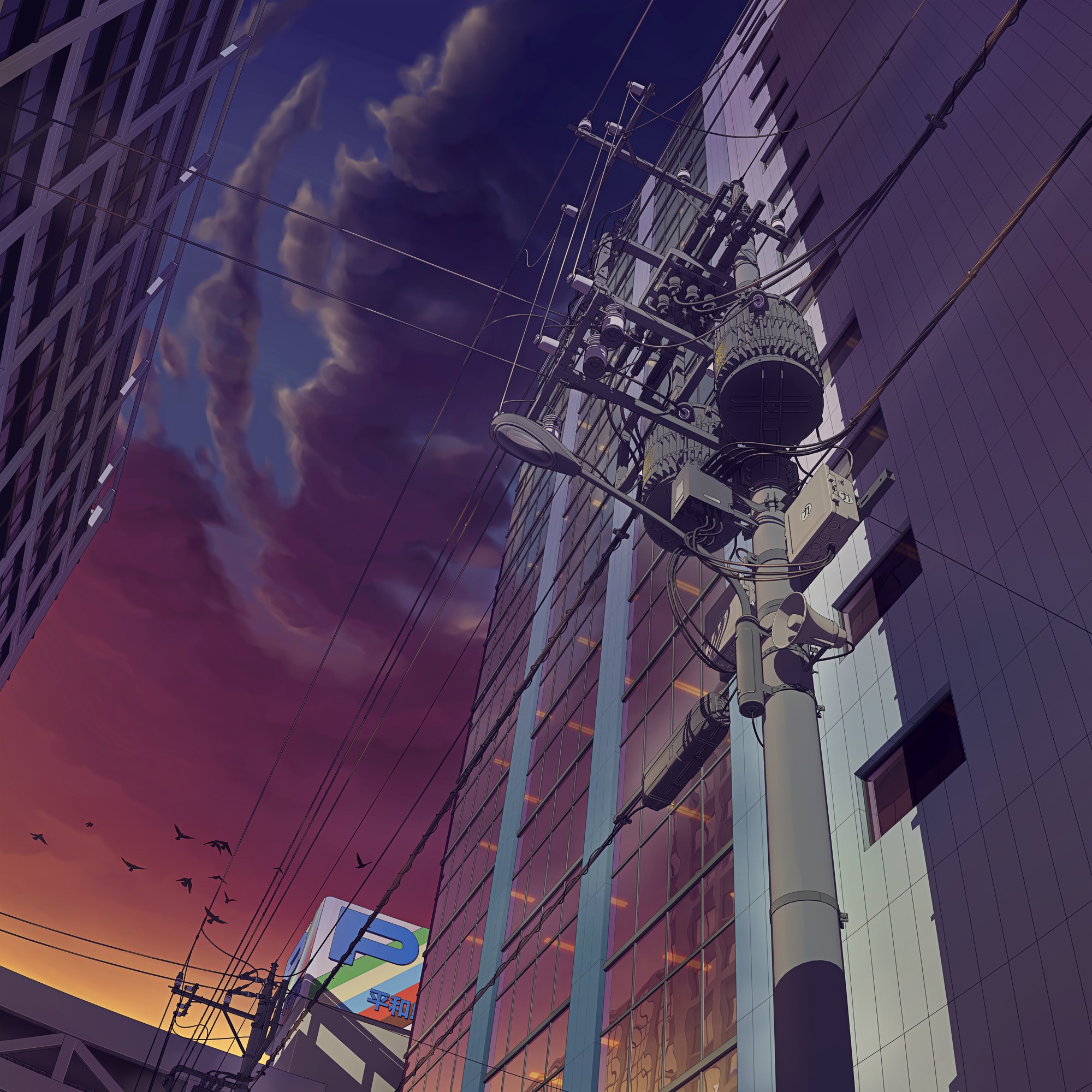 Anime 2000x2000 city urban anime birds sky power lines