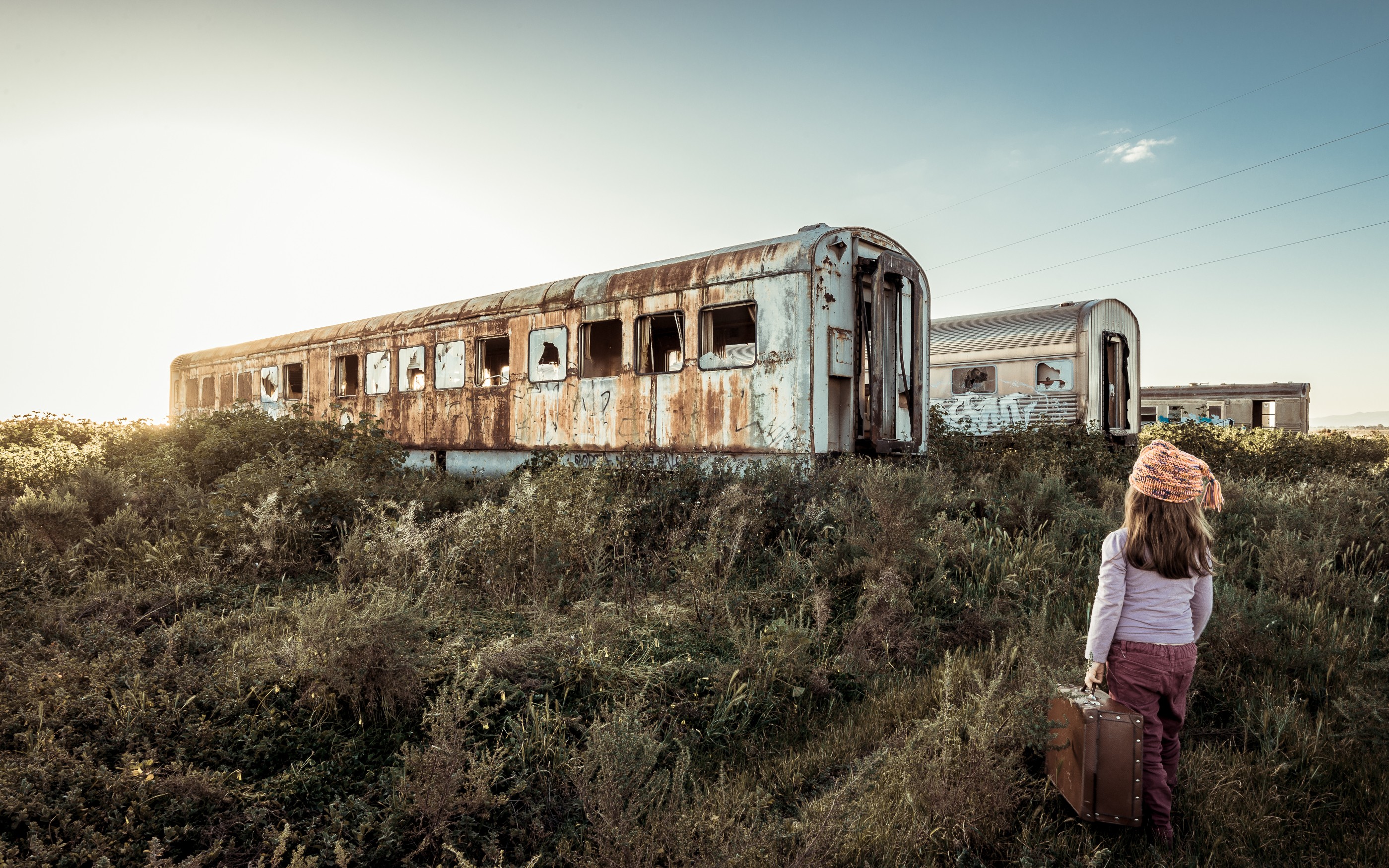 General 2799x1750 landscape wreck abandoned vehicle children suitcase train plants