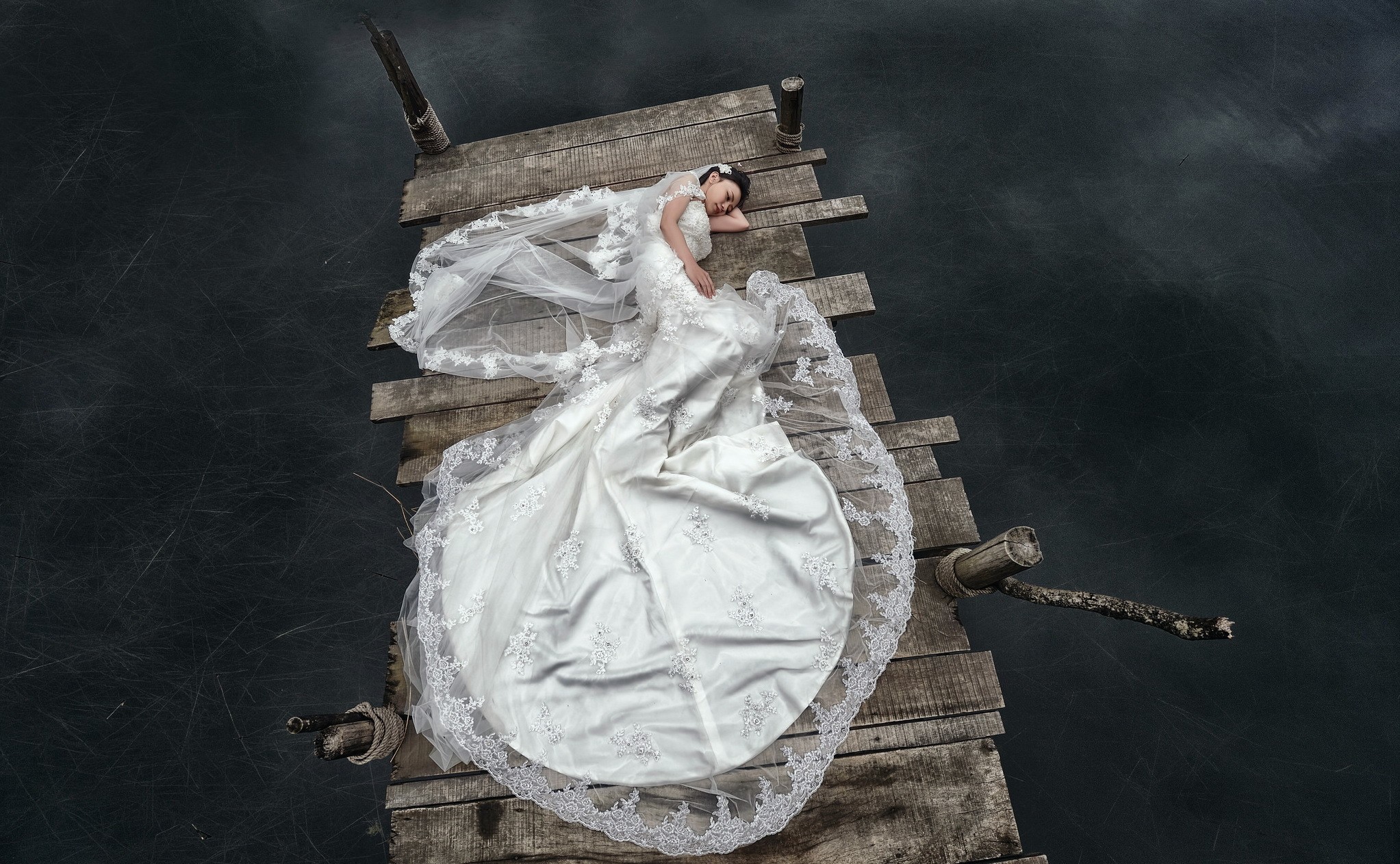People 2045x1262 women wedding dress lying on side model dress white dress white clothing closed eyes women outdoors