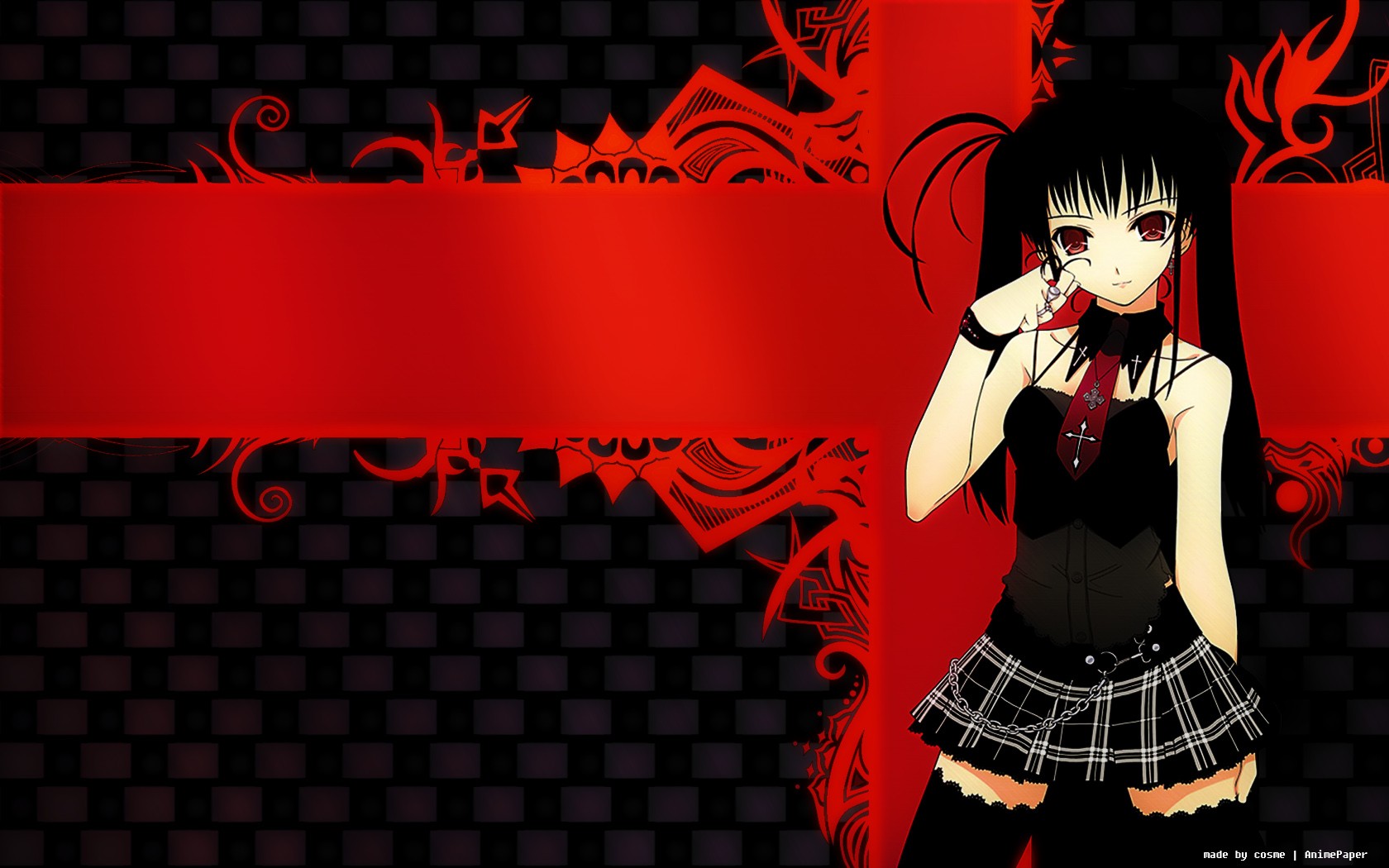 Anime 1680x1050 anime girls anime red eyes miniskirt dark hair tie red background standing women looking at viewer twintails bracelets