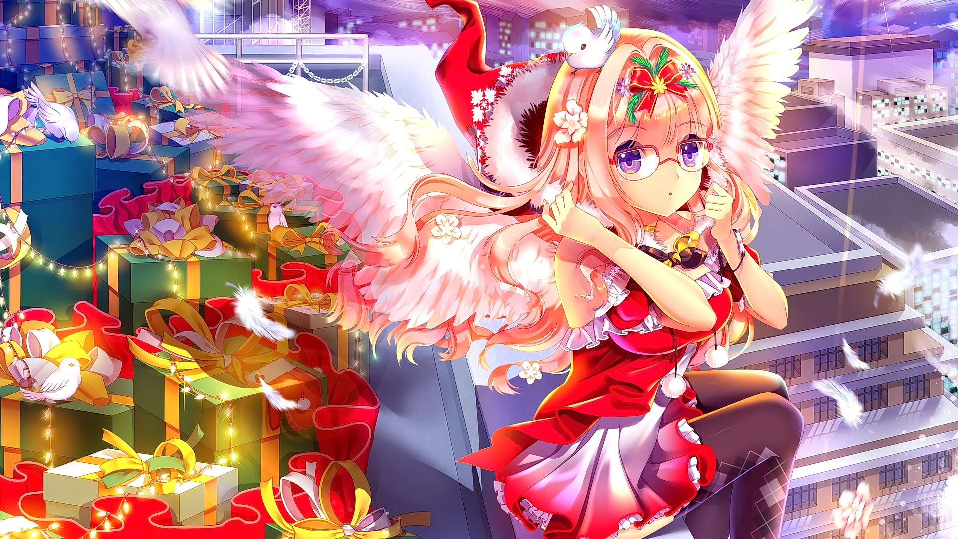 Anime 1920x1080 anime anime girls long hair sitting looking at viewer wings glasses Christmas presents original characters women with glasses Christmas presents purple eyes knees together