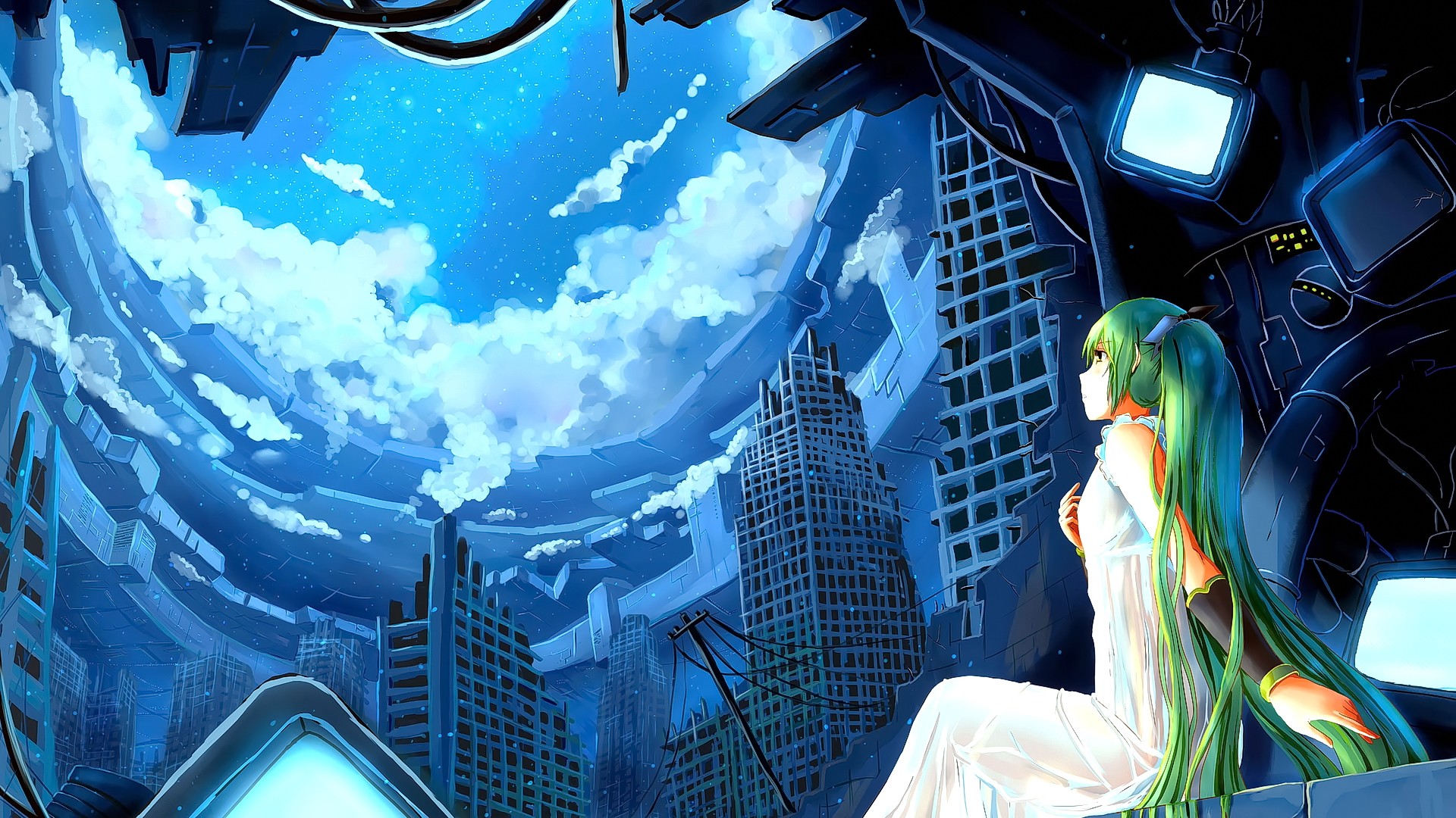 Anime 1920x1080 anime anime girls green hair long hair Vocaloid Hatsune Miku ruins cityscape looking up sitting