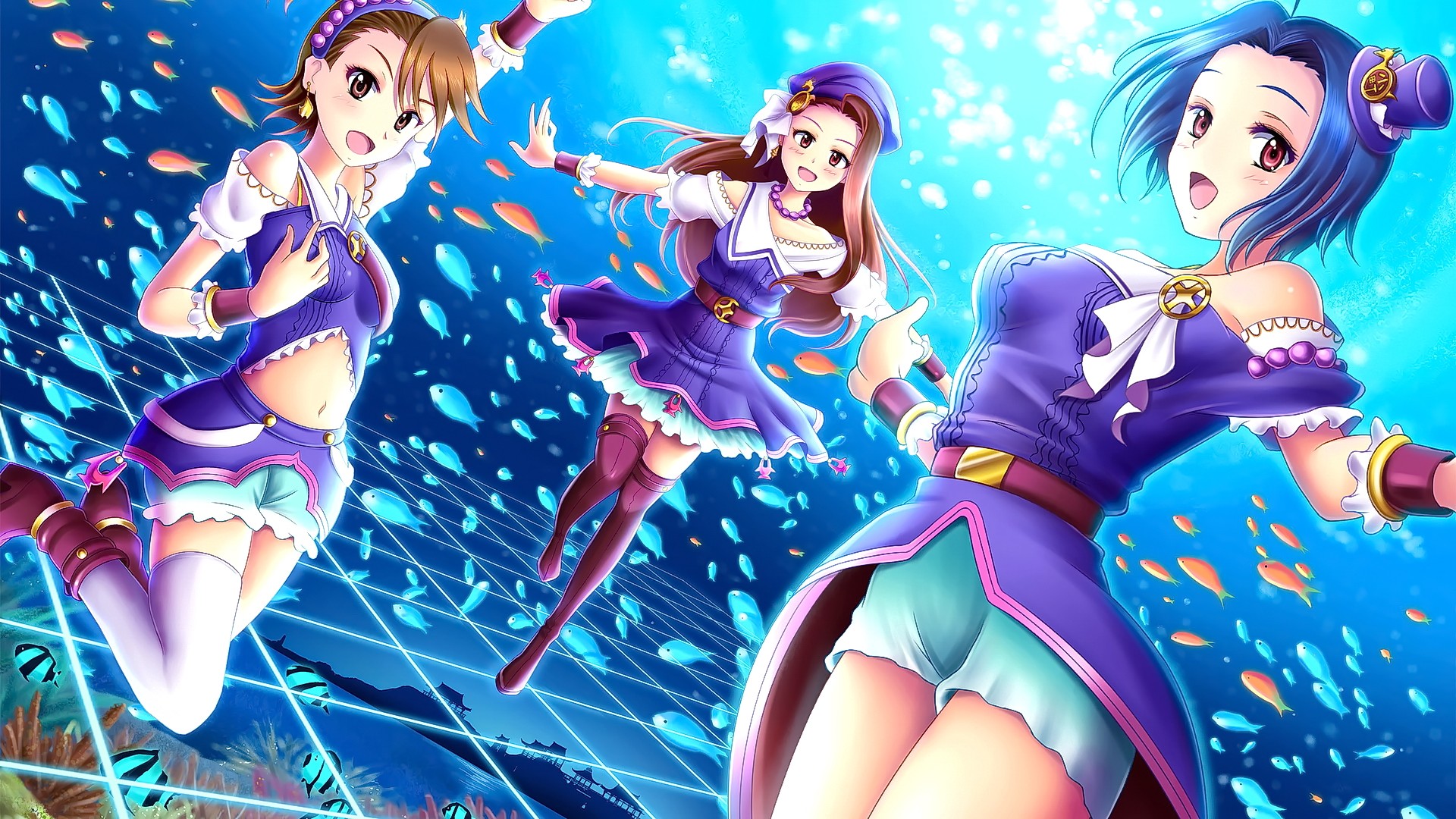 Anime 1920x1080 anime anime girls brunette open mouth smiling looking at viewer THE iDOLM@STER Futami Ami Minase Iori Miura Azusa women trio fantasy girl fantasy art hat funny hats women with hats legs stockings long hair fish