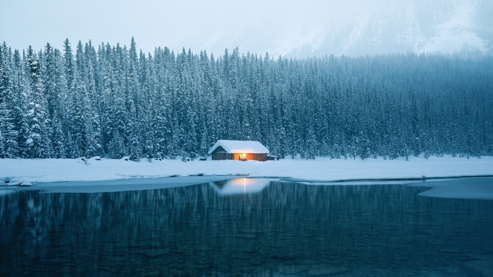 General 1920x1080 winter snow ice lake trees cabin landscape cold outdoors water reflection