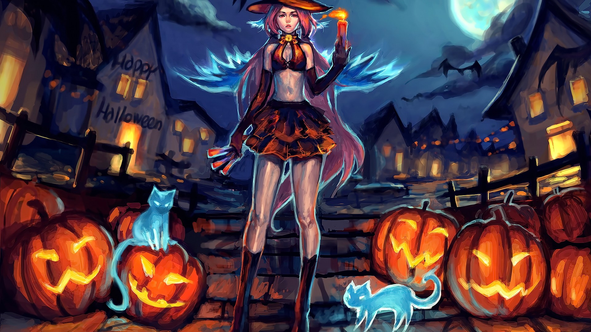 Anime 1920x1080 anime anime girls long hair Halloween looking at viewer pumpkin original characters fantasy art fantasy girl candles skirt hat women with hats standing