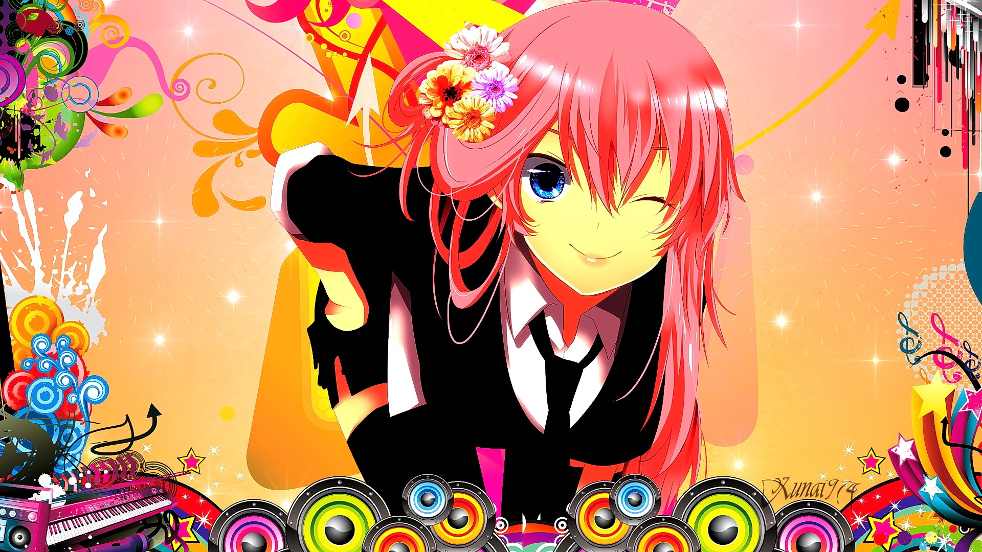 Anime 1920x1080 anime anime girls pink hair long hair blue eyes smiling looking at viewer Vocaloid Megurine Luka one eye closed colorful musical instrument arrow (design) shapes face portrait