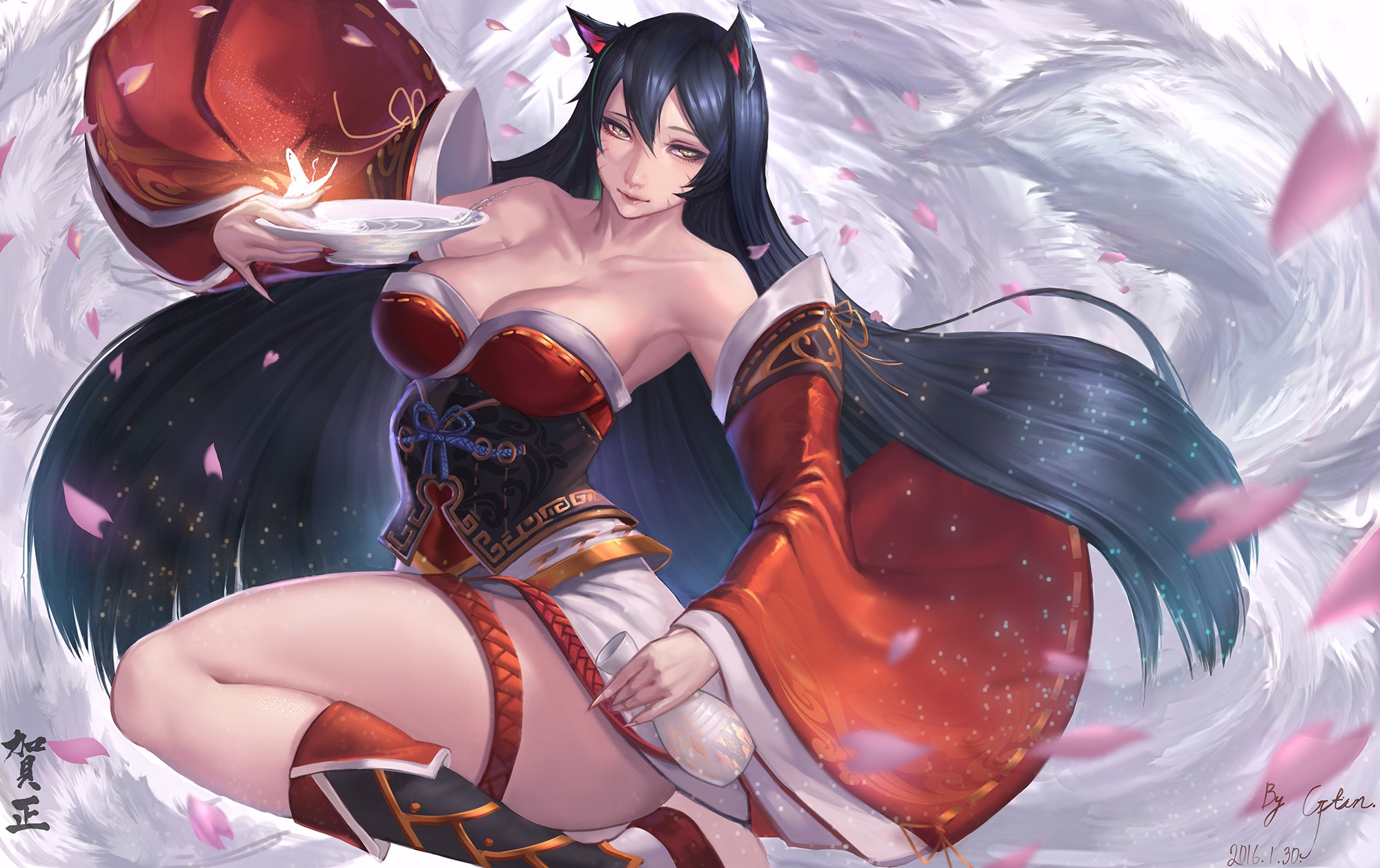 Anime 2000x1258 anime anime girls League of Legends Ahri (League of Legends) animal ears tail fox girl PC gaming Pixiv boobs thighs curvy women video game girls video game art fantasy art fantasy girl