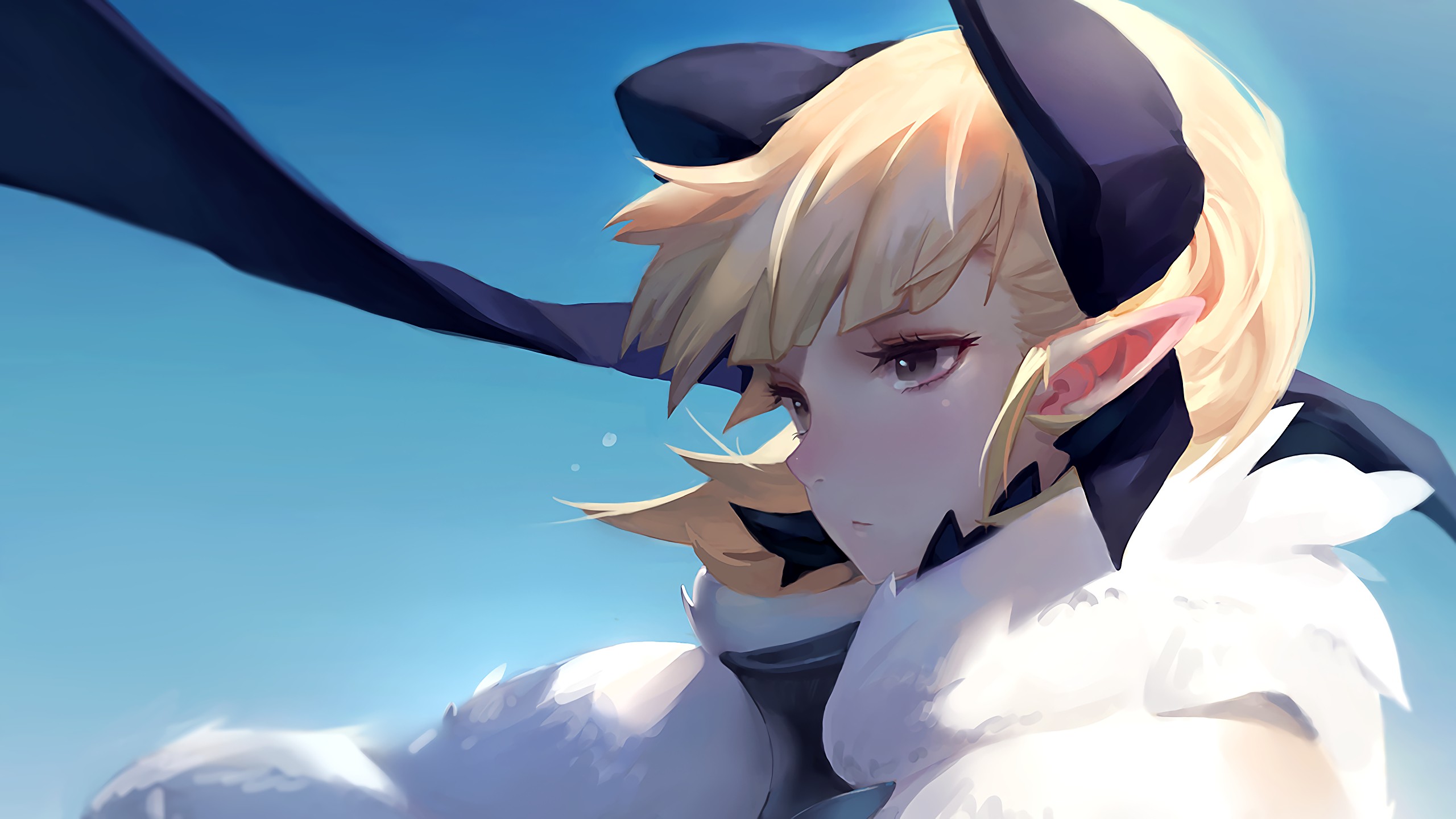 Anime 2560x1440 anime girls pointy ears original characters blonde face Pixiv closeup tears cyan background