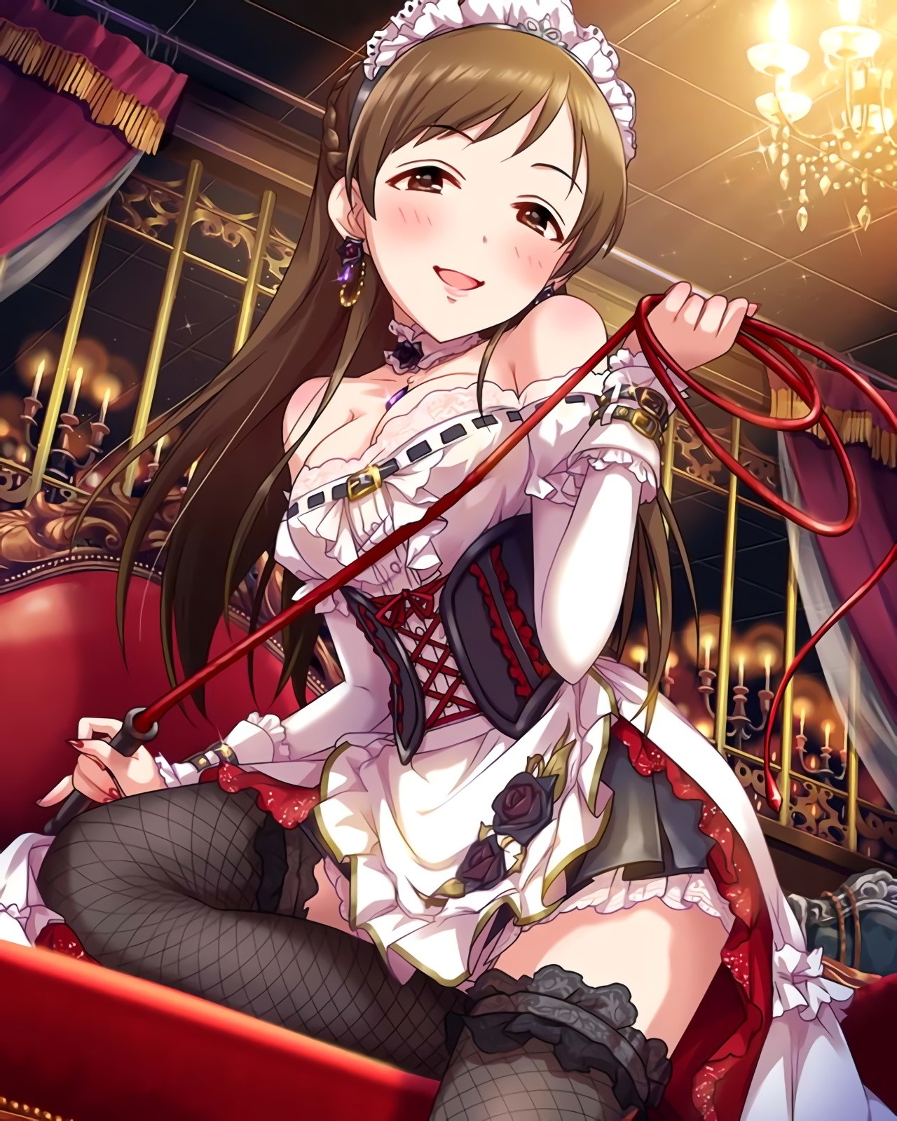 Anime 1280x1600 anime anime girls THE iDOLM@STER THE iDOLM@STER: Cinderella Girls Nitta Minami cleavage maid open mouth whips brunette long hair stockings black stockings
