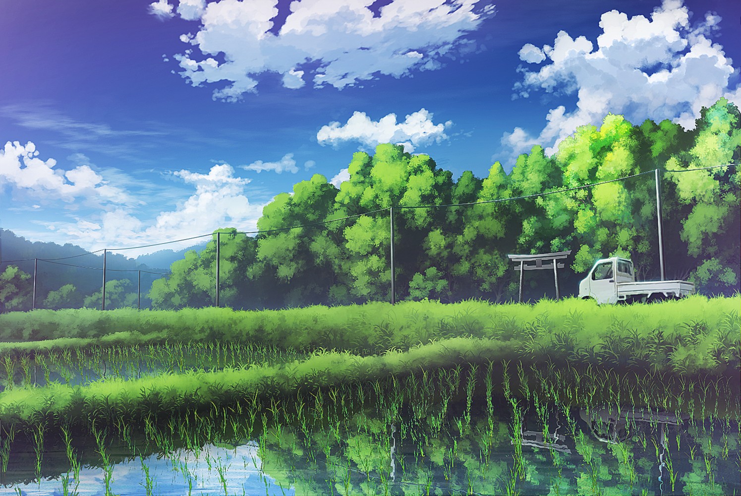 Anime 1495x1000 landscape rice fields anime car field plants moescape