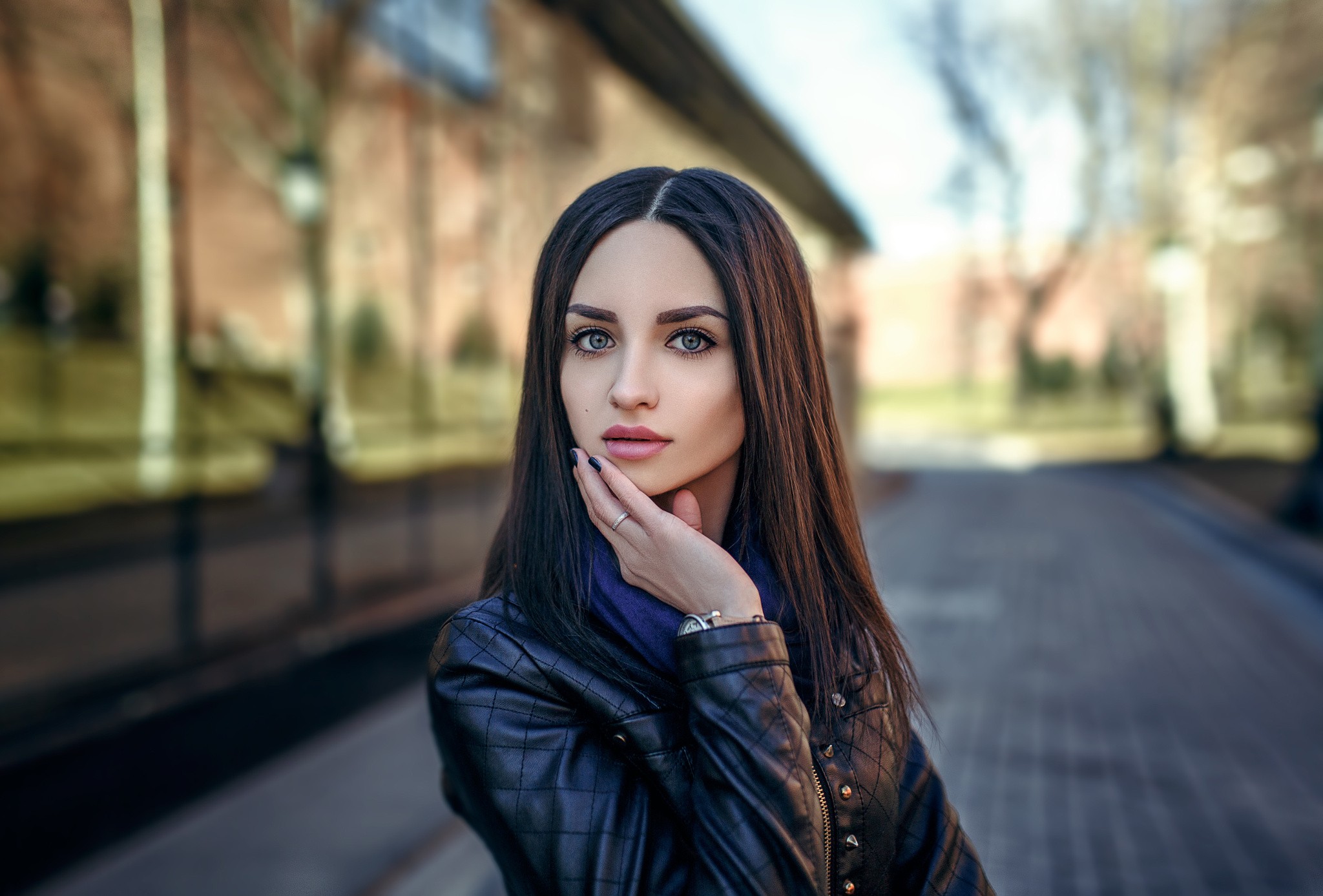 People 2048x1387 women face portrait eyebrows women outdoors model brunette looking at viewer painted nails black nails leather jacket makeup long hair urban pale straight hair young women