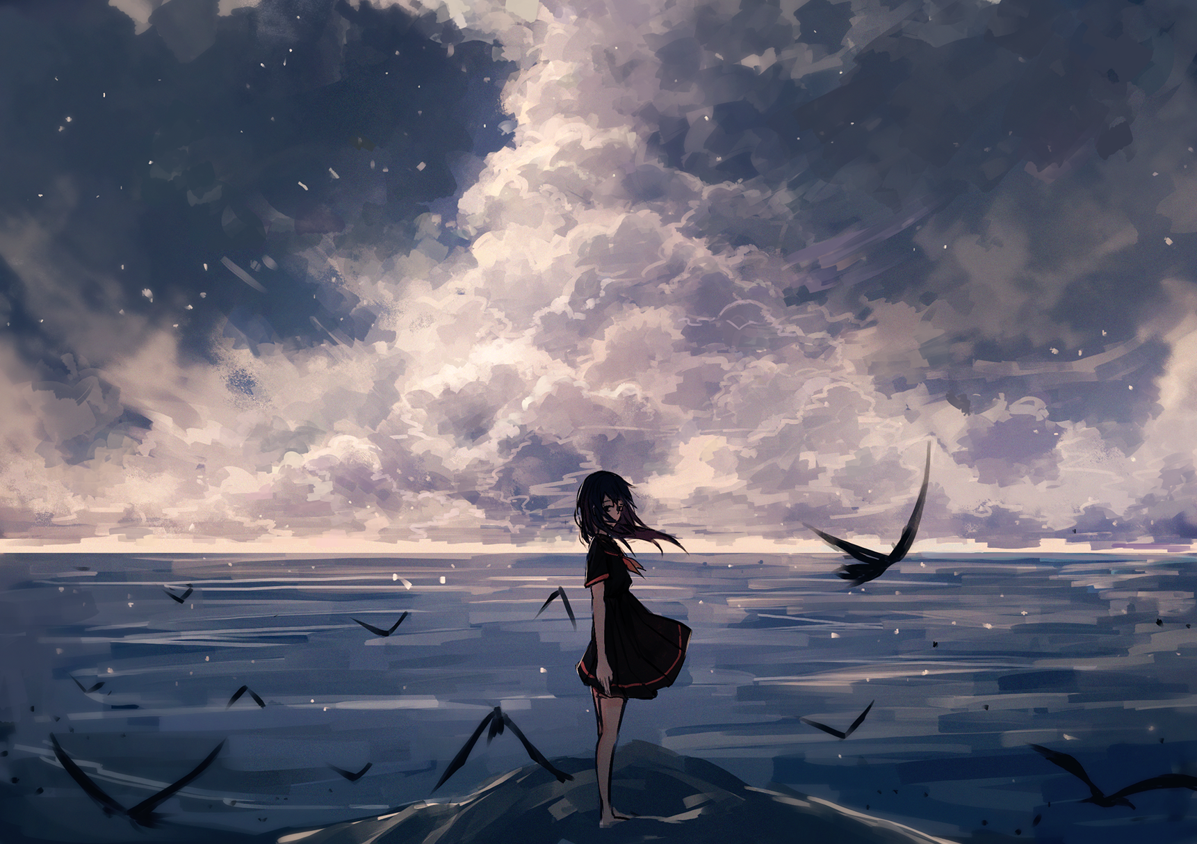 Anime 1722x1214 anime girls sea sky outdoors birds clouds standing anime school uniform axleaki women outdoors