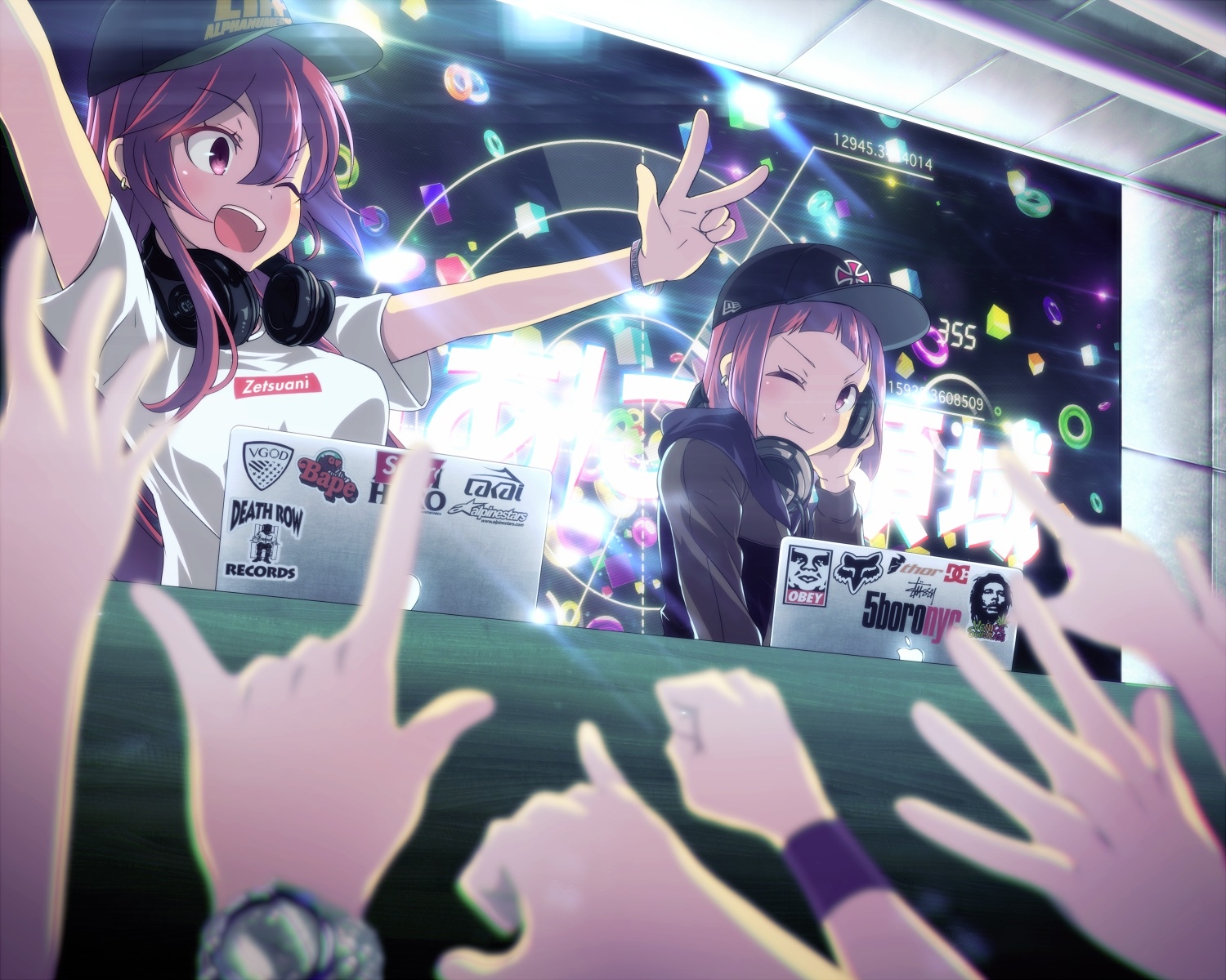 Anime 1500x1200 anime girls anime disc jockey concerts peace sign laptop headphones