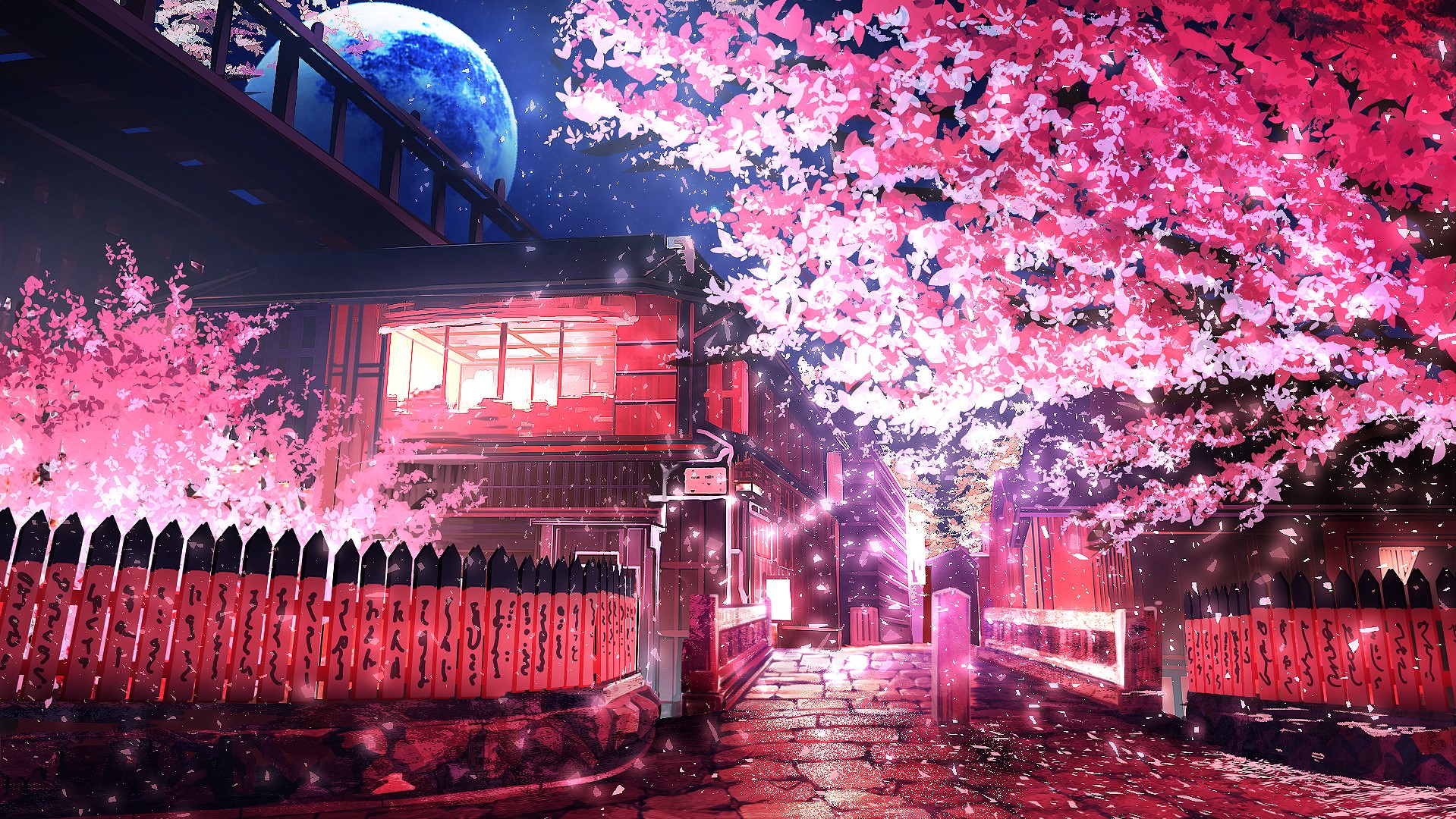 Anime 1919x1080 anime cherry trees road cherry blossom artwork Smile (artist) Kyoto Japan
