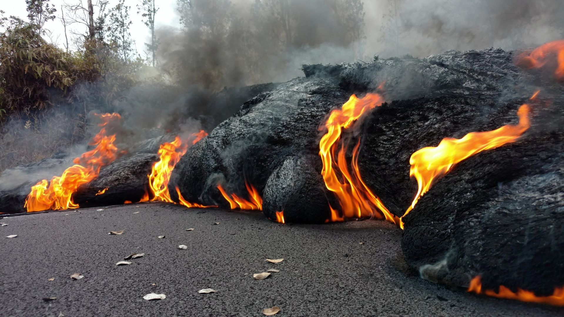 General 1919x1080 nature volcano Hawaii Kilauea lava volcanic eruption eruption road fire smoke plants leaves asphalt