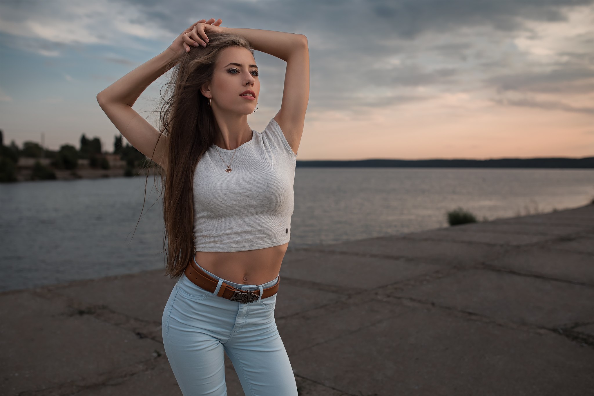 People 2048x1365 women outdoors arms up long hair jeans women model Dmitry Shulgin Viktoria Babkina hoop earrings brunette bare midriff brown belt blue pants blue  jeans tight pants gold necklace belly young women open mouth gray eyes