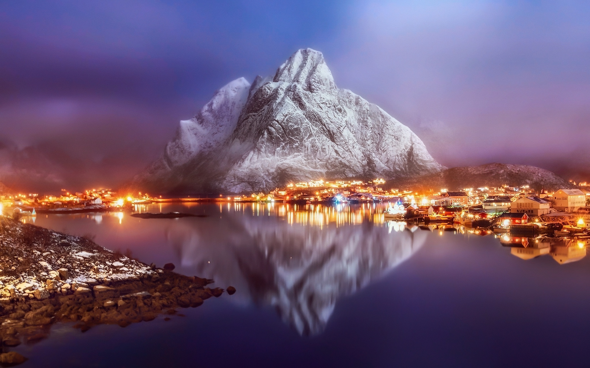 General 2048x1280 nature lights reflection town water Norway
