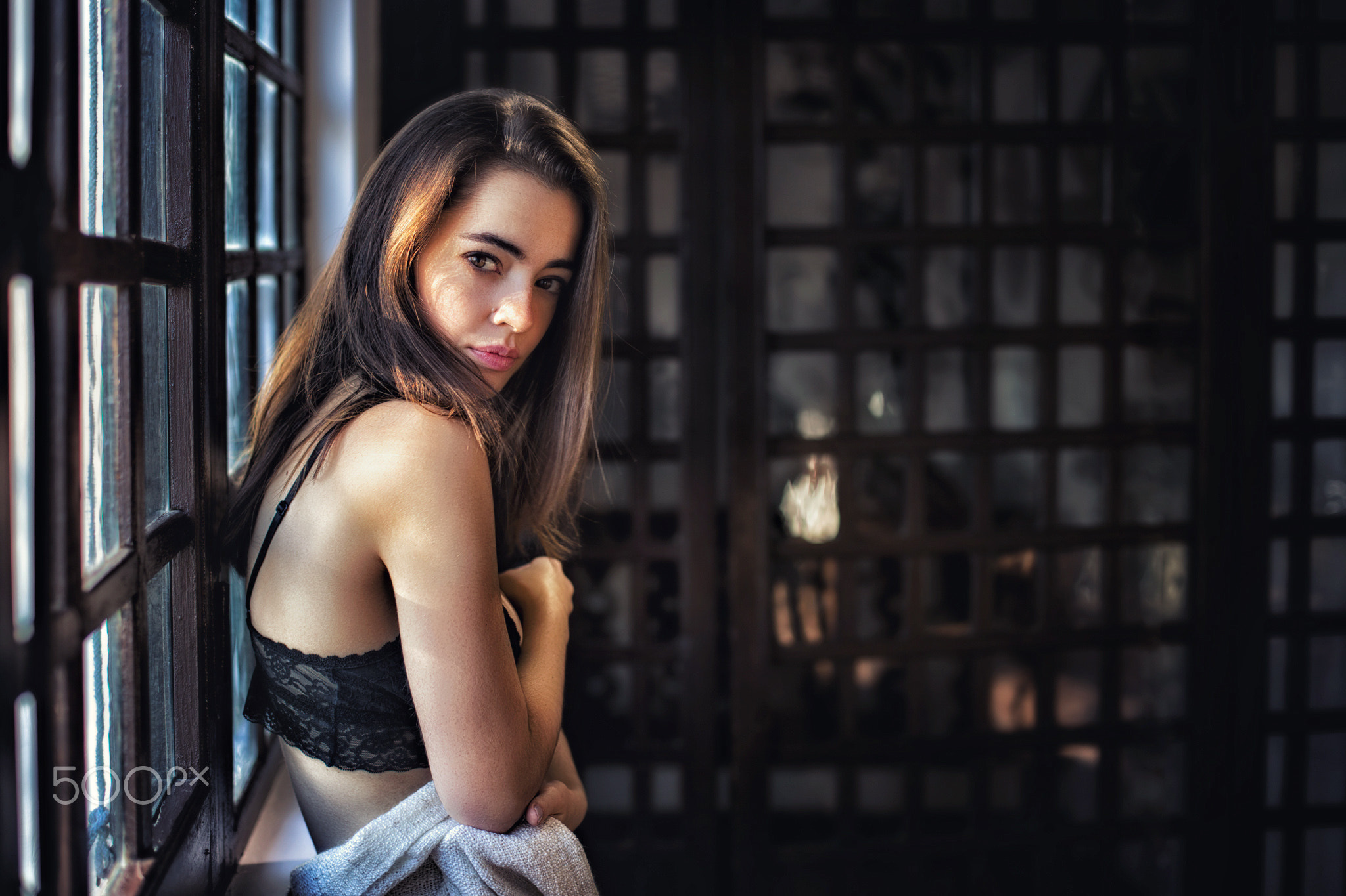 People 2048x1365 Lidia Savoderova women portrait black lingerie Pablo Cañas Russian model 500px watermarked indoors window by the window looking at viewer text