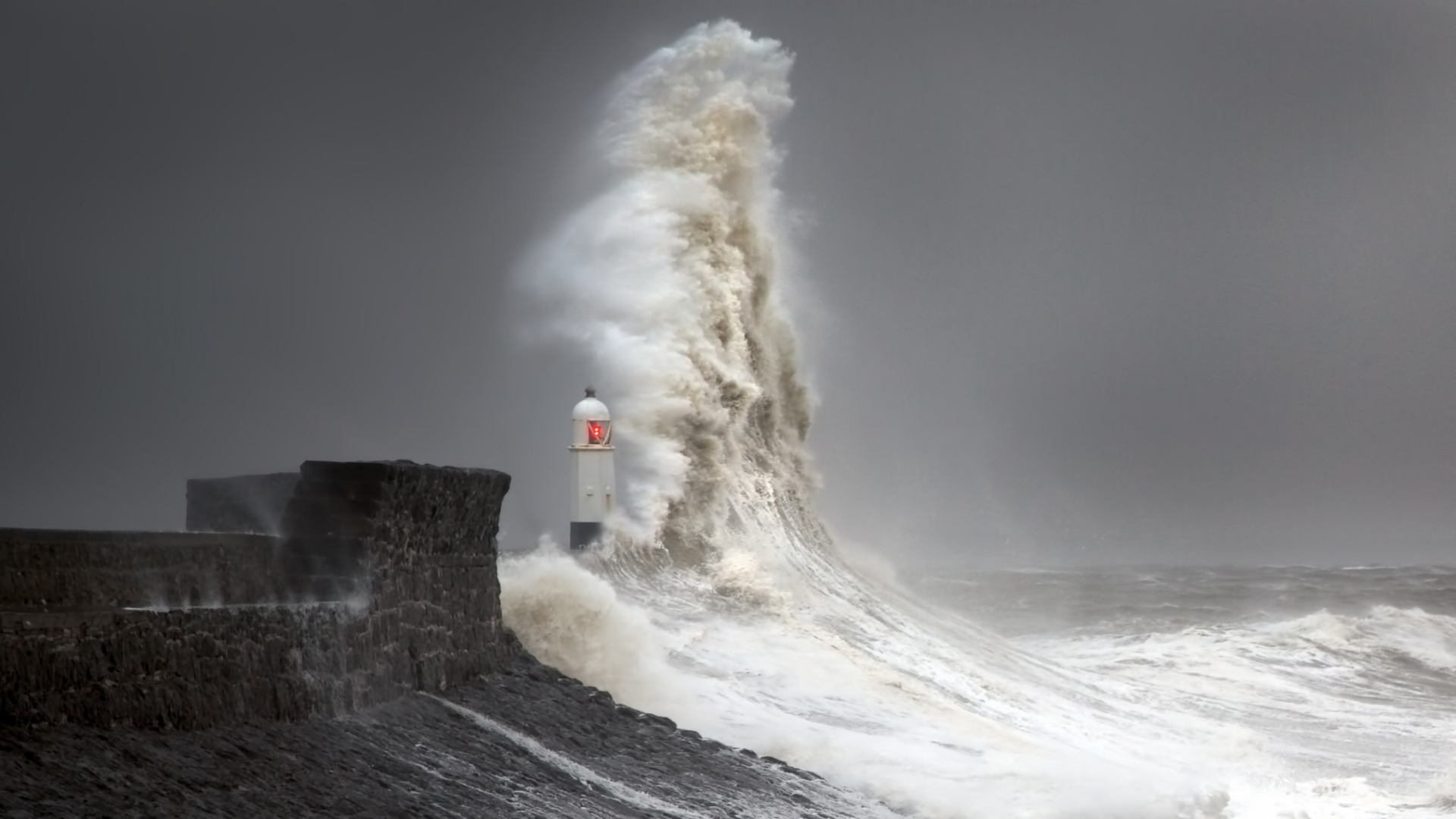 General 1920x1080 nature landscape water lighthouse storm coastline wall waves sea stones Wales