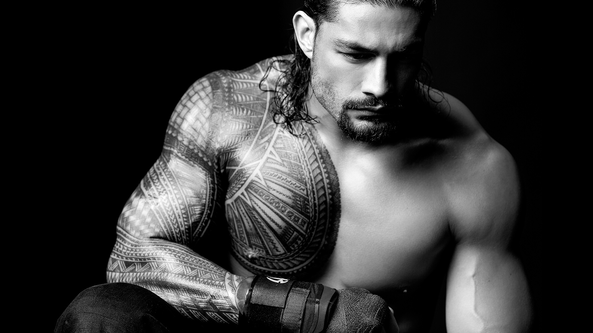 People 1920x1080 men model monochrome face muscles tattoo WWE Roman Reigns