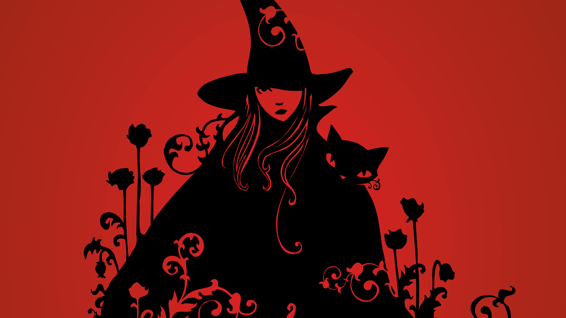 General 1920x1080 cats witch fantasy girl fantasy art red background red black witch hat simple background digital art