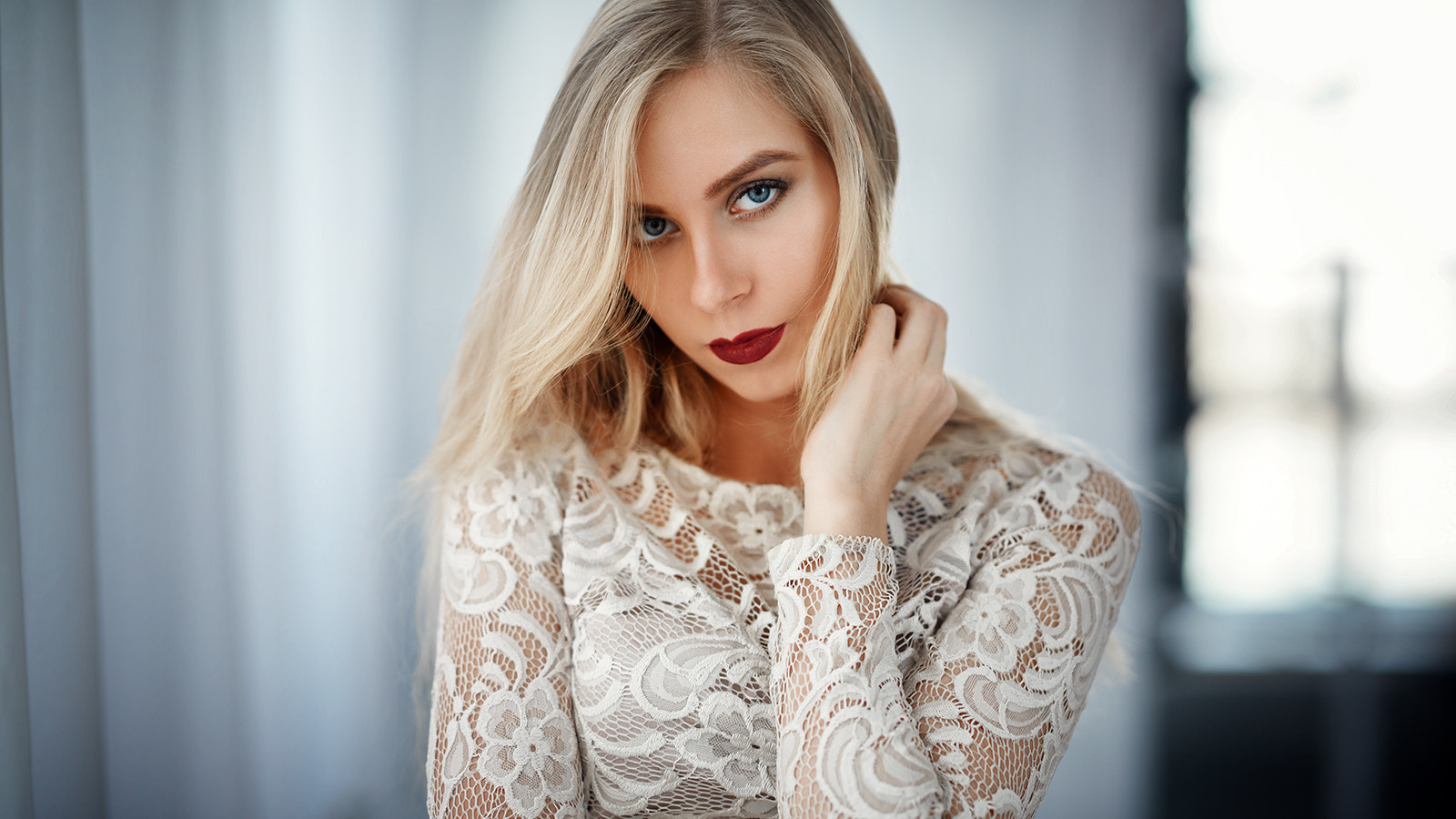 People 1600x900 women model looking at viewer face long hair straight hair blonde blue eyes depth of field portrait see-through clothing