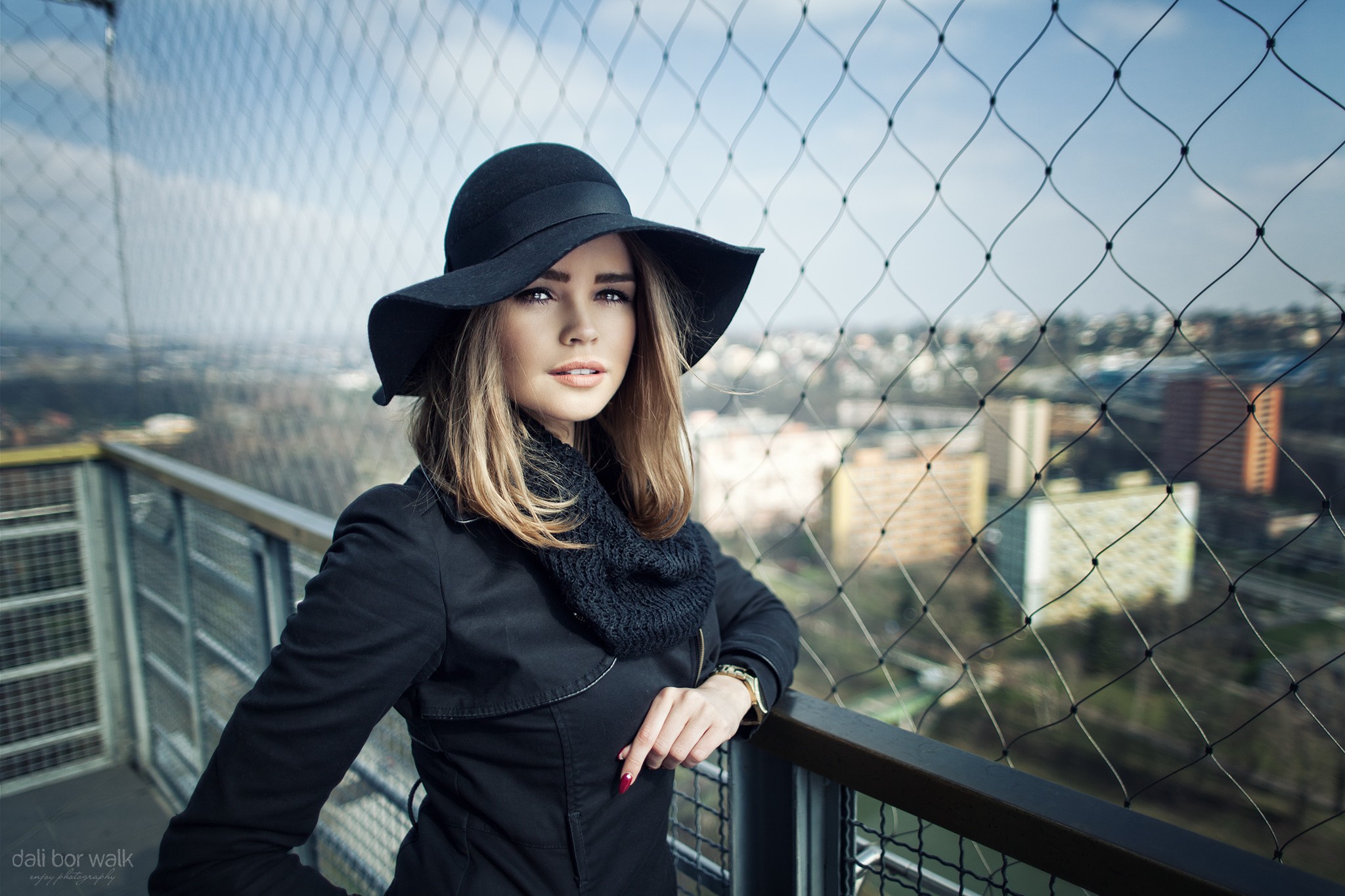 People 2048x1365 women blonde brown eyes face portrait black clothing hat women outdoors red nails rooftops depth of field millinery classy glamour women with hats watermarked