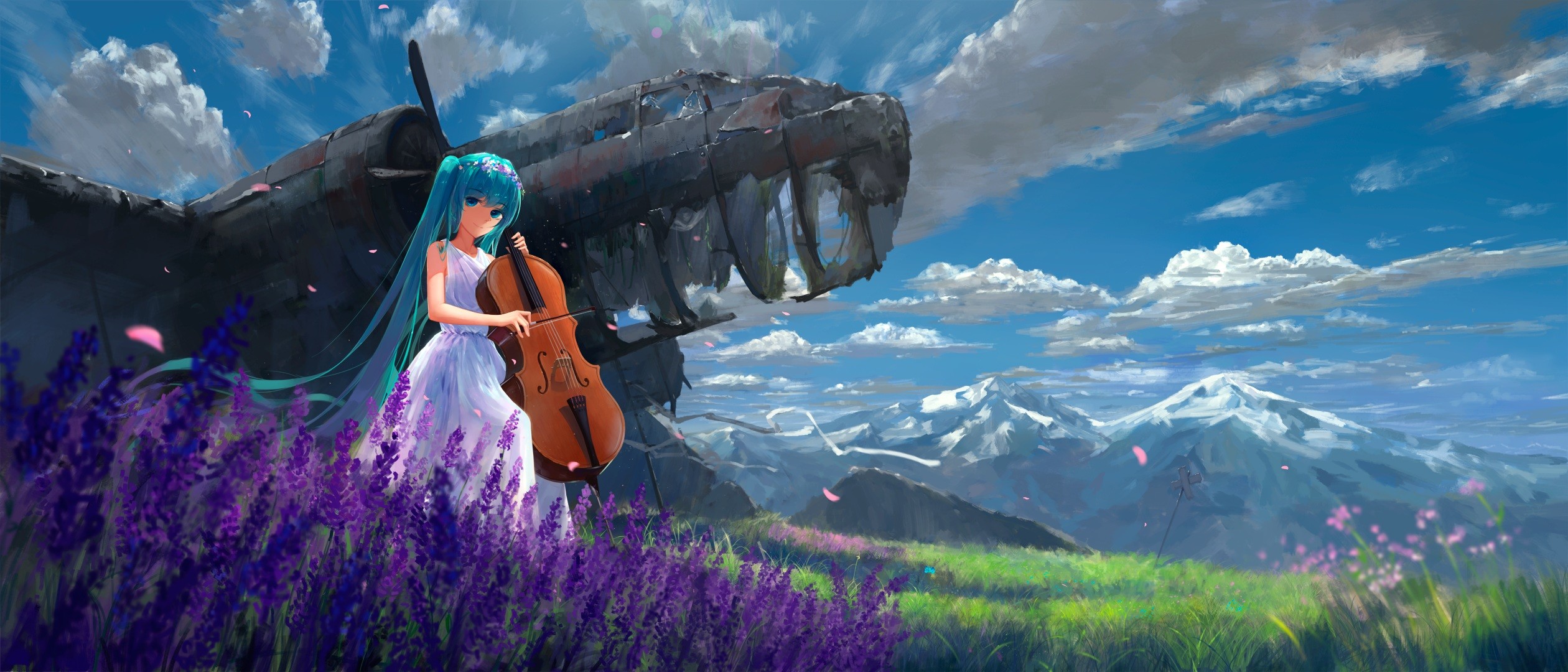 Anime 2520x1080 anime anime girls Vocaloid Hatsune Miku sky musical instrument cello women outdoors landscape aircraft vehicle wreck long hair music