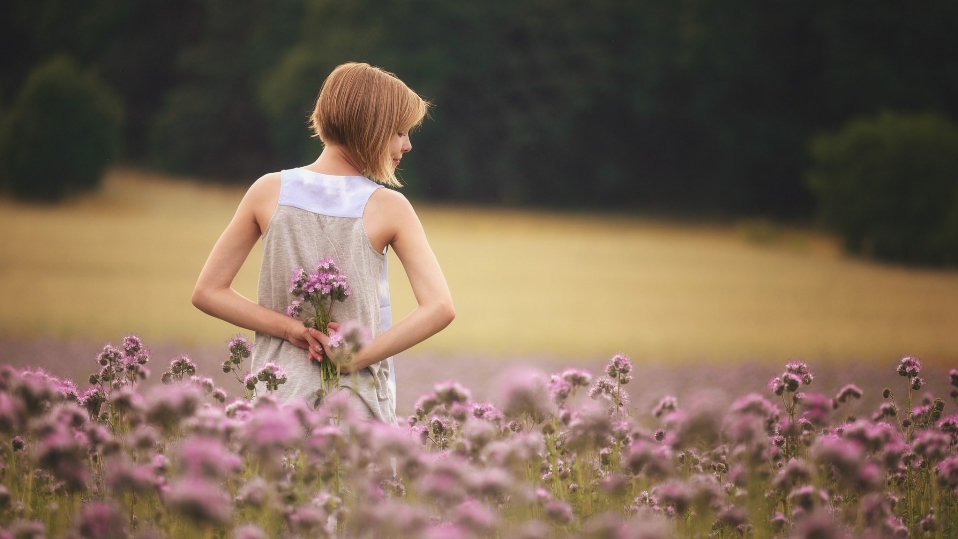 People 1920x1080 women model blonde women outdoors nature field short hair rear view closed eyes white dress bare shoulders trees forest flowers depth of field plants translucent outdoors
