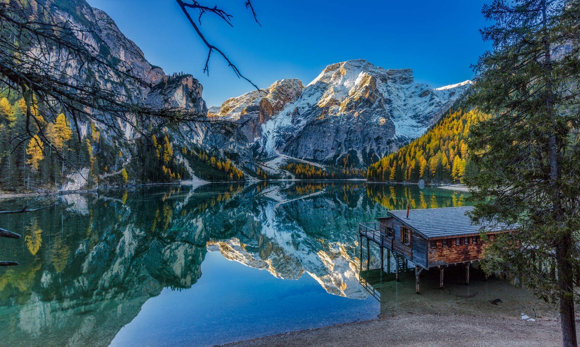 General 1920x1149 nature landscape lake fall mountains forest blue sky water house Alps Italy Pragser Wildsee reflection