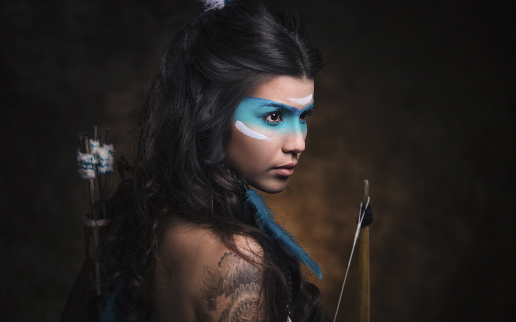 People 1680x1050 archer women face paint brunette tattoo long hair profile cosplay fantasy girl model bow and arrow portrait
