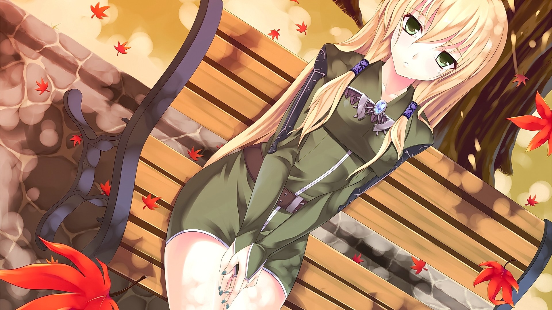 Anime 1920x1080 anime anime girls original characters leaves bench blonde long hair open mouth green eyes sitting looking at viewer painted nails dress