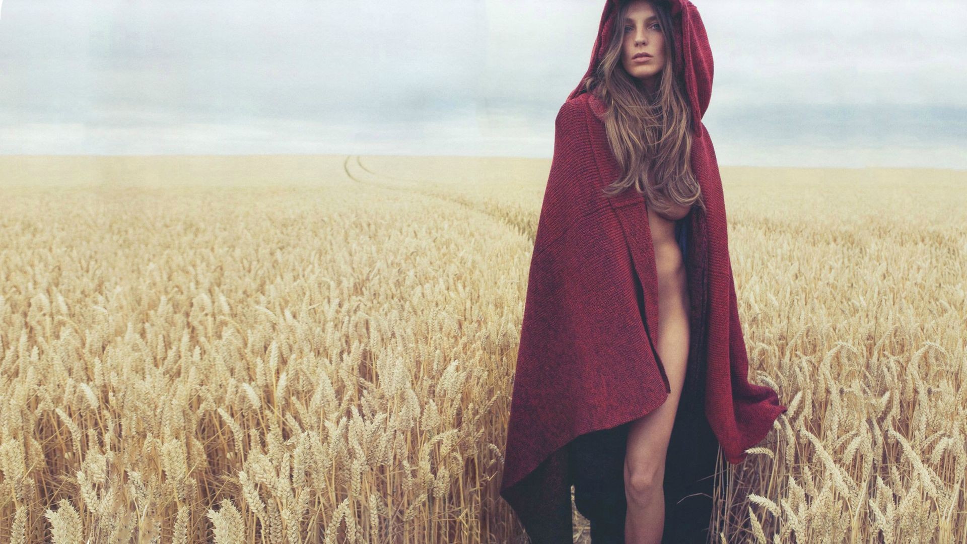 People 1920x1080 women Little Red Riding Hood field strategic covering hoods women outdoors hair covering boobs outdoors plants Agro (Plants) long hair hair over nipples landscape model partially clothed cape naked cape