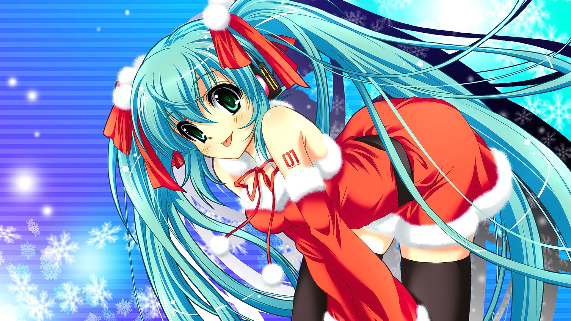 Anime 1920x1080 anime anime girls Vocaloid Hatsune Miku thigh-highs bent over cyan hair tongues tongue out long hair Santa costume Christmas green eyes stockings