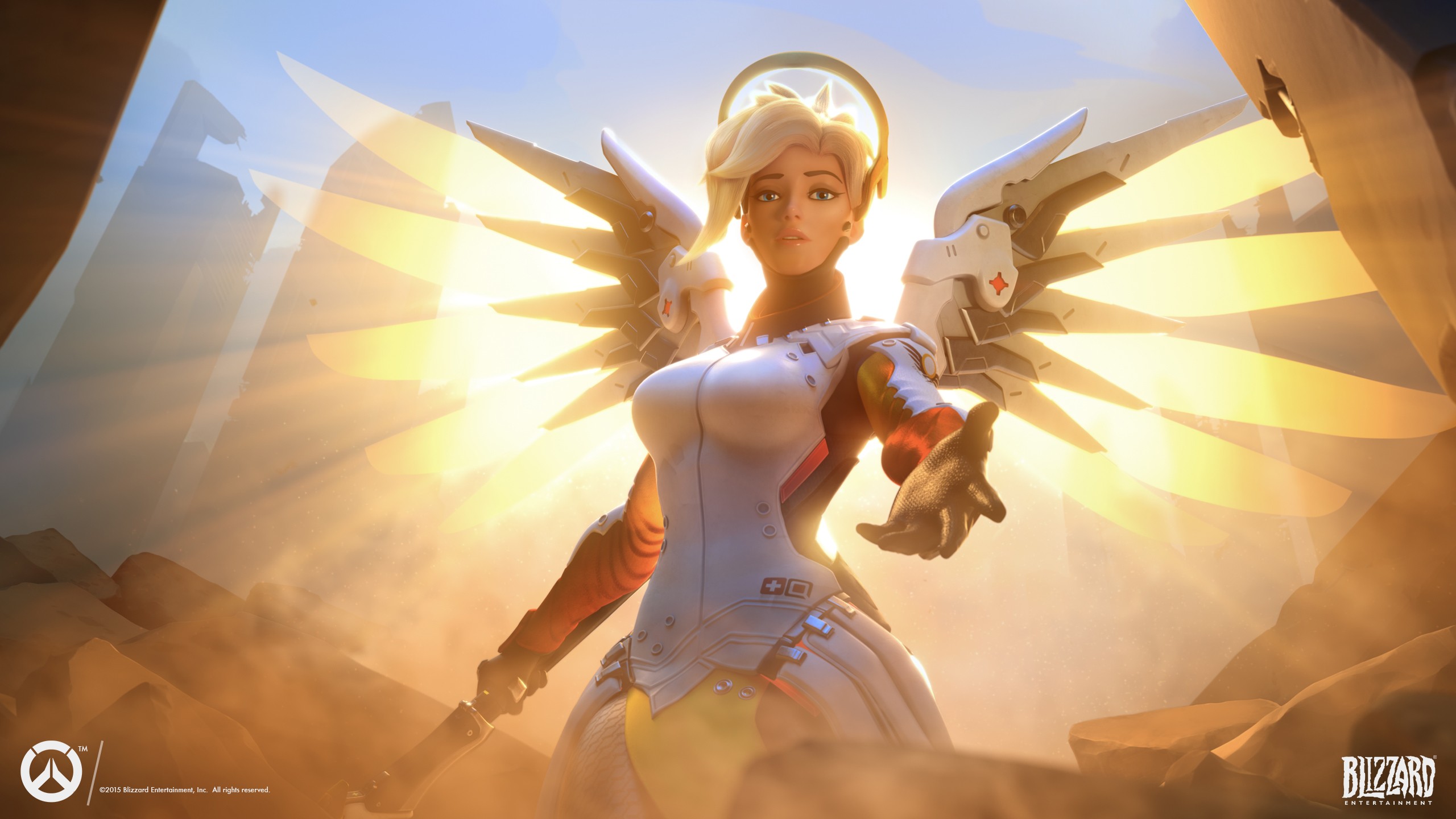 General 2560x1440 Overwatch angel wings Blizzard Entertainment Mercy (Overwatch) video games fictional video game characters PC gaming video game art video game girls 2015 (Year)