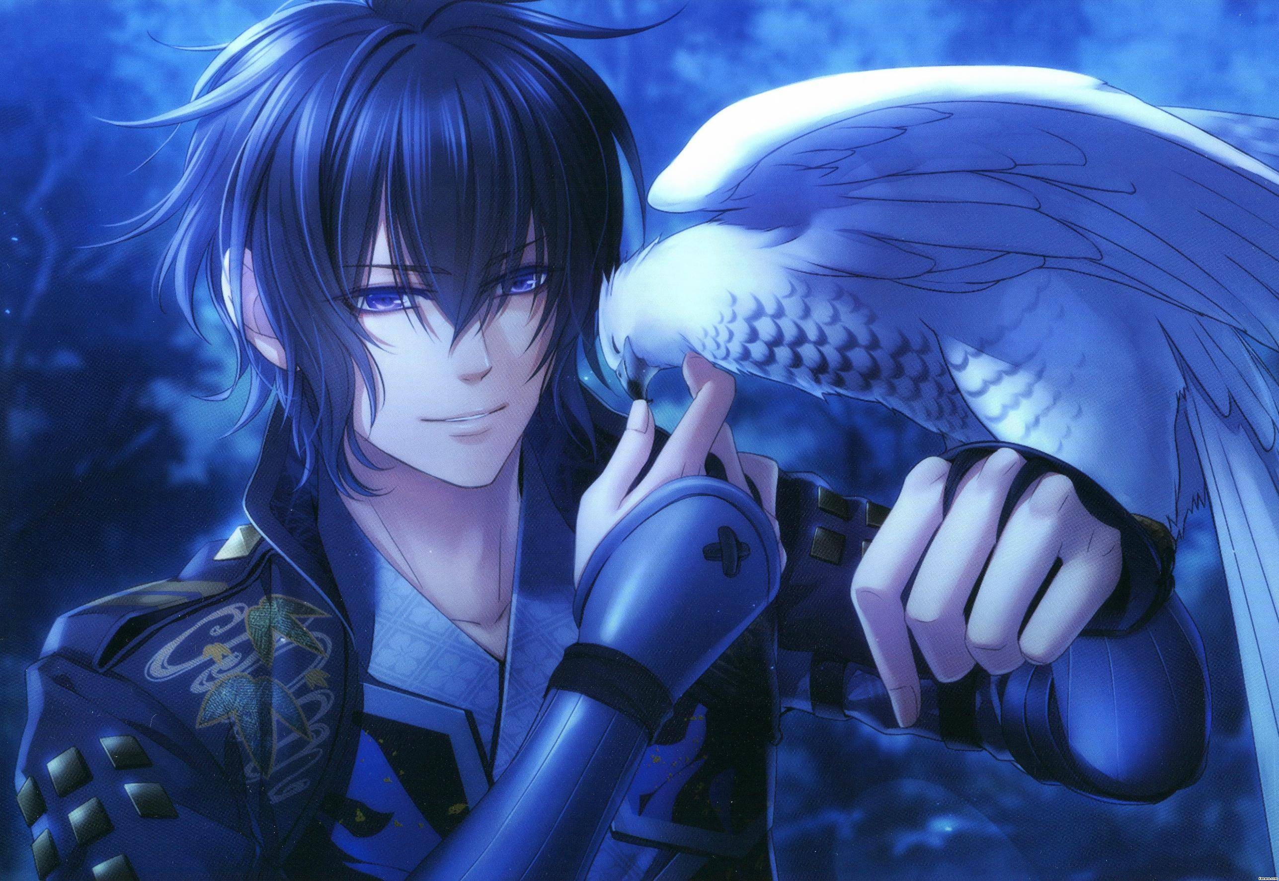 Anime 2574x1772 anime anime boys blue eyes eagle hawks birds animals blue hair