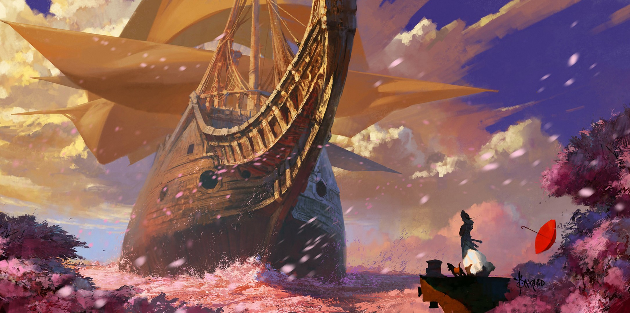 General 2171x1080 fantasy art artwork sailing ship umbrella ship sky fantasy girl vehicle sea rigging (ship) digital art