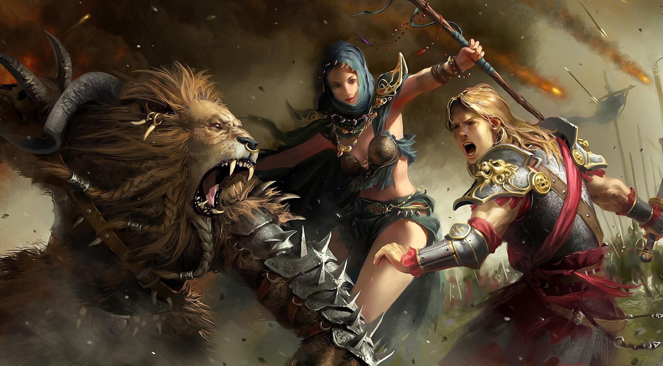 General 2274x1258 warrior fantasy art artwork fantasy girl fantasy men lion fangs women men digital art