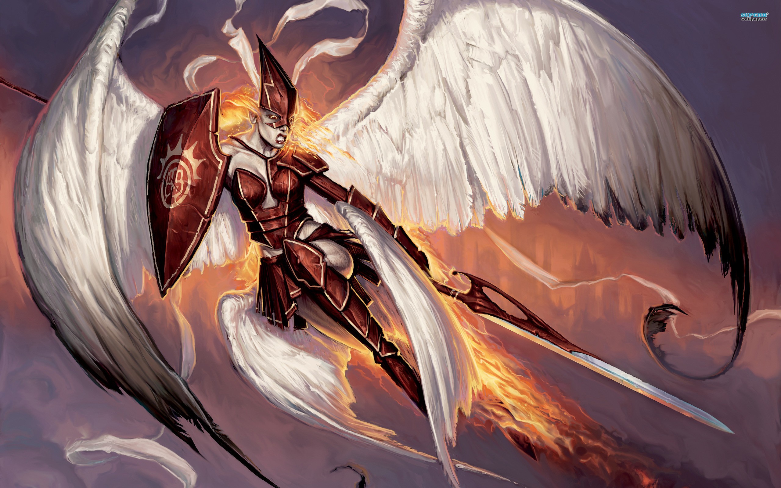 General 2560x1600 fantasy art angel Matt Cavotta women wings fantasy armor shield armor spear fantasy girl digital art watermarked