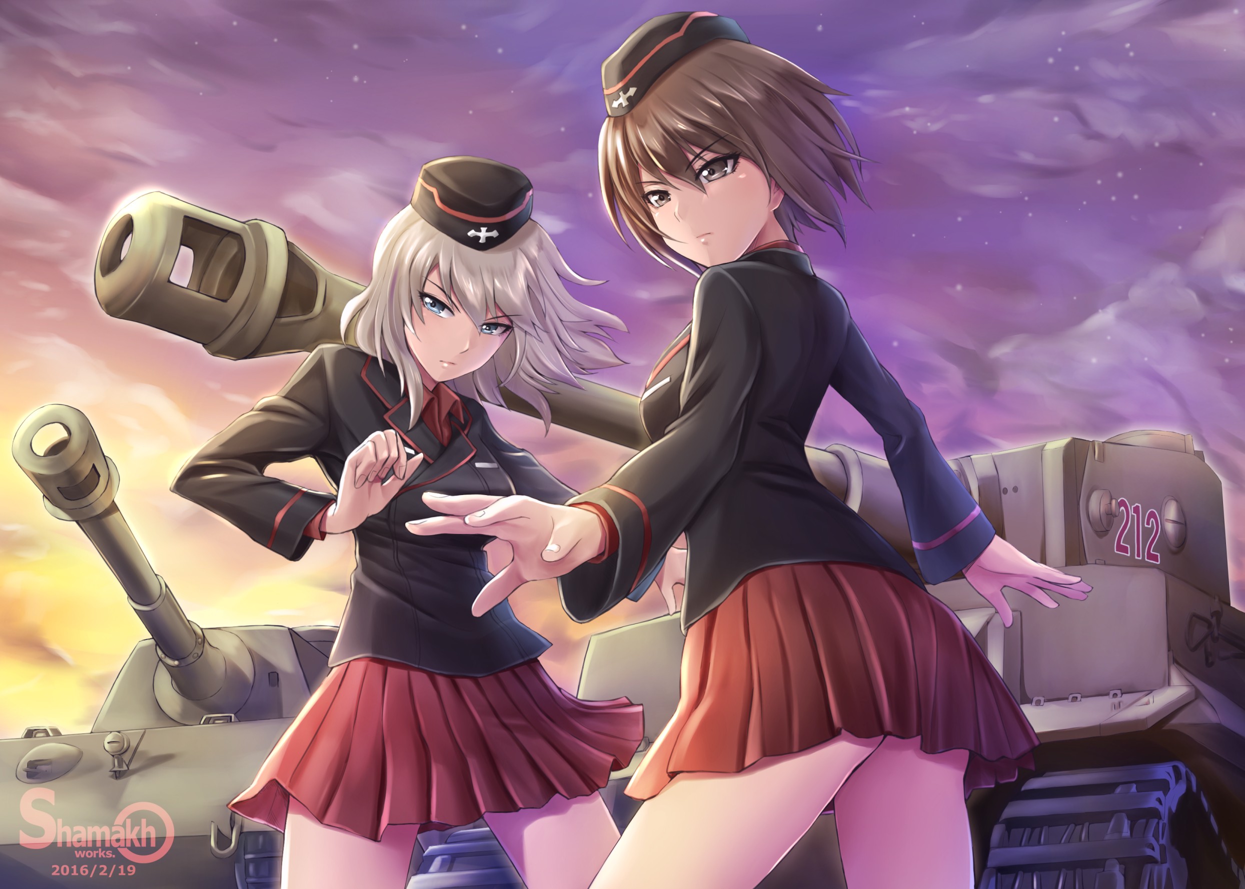 Anime 2489x1778 anime anime girls Girls und Panzer Itsumi Erika Nishizumi Maho Pixiv tank military vehicle vehicle skirt thighs hat two women