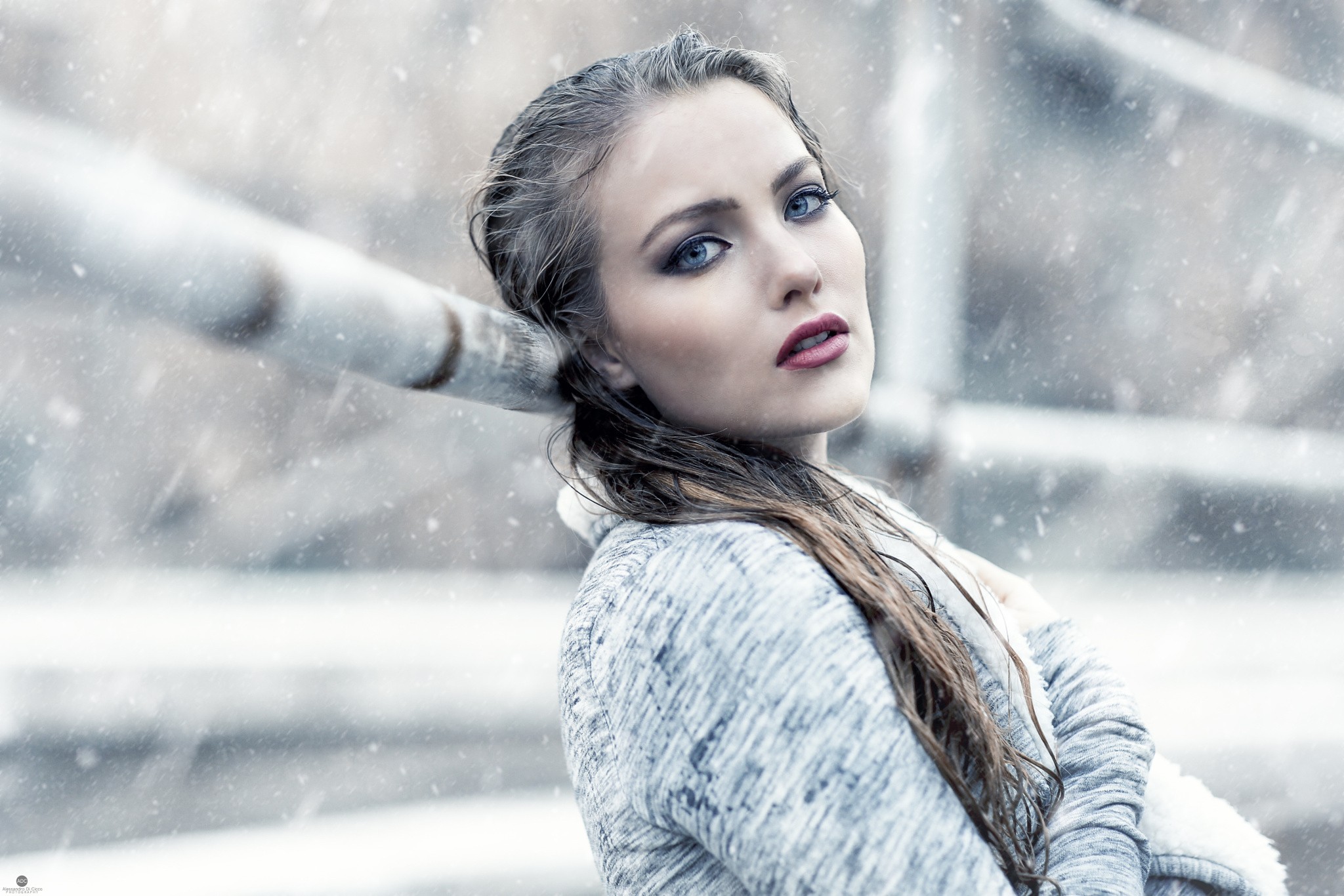 People 2048x1366 women face portrait snow looking at viewer blue eyes Alessandro Di Cicco women outdoors model depth of field wet hair April Slough snowing makeup red lipstick closeup watermarked