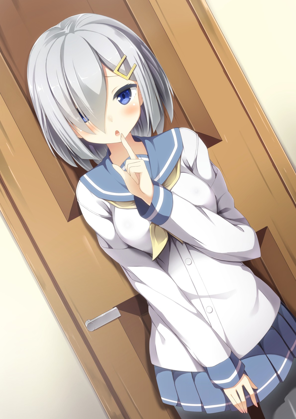 Anime 1191x1684 Hamakaze (KanColle)  Kantai Collection pantyhose school uniform white hair blue eyes door blushing simple background white background