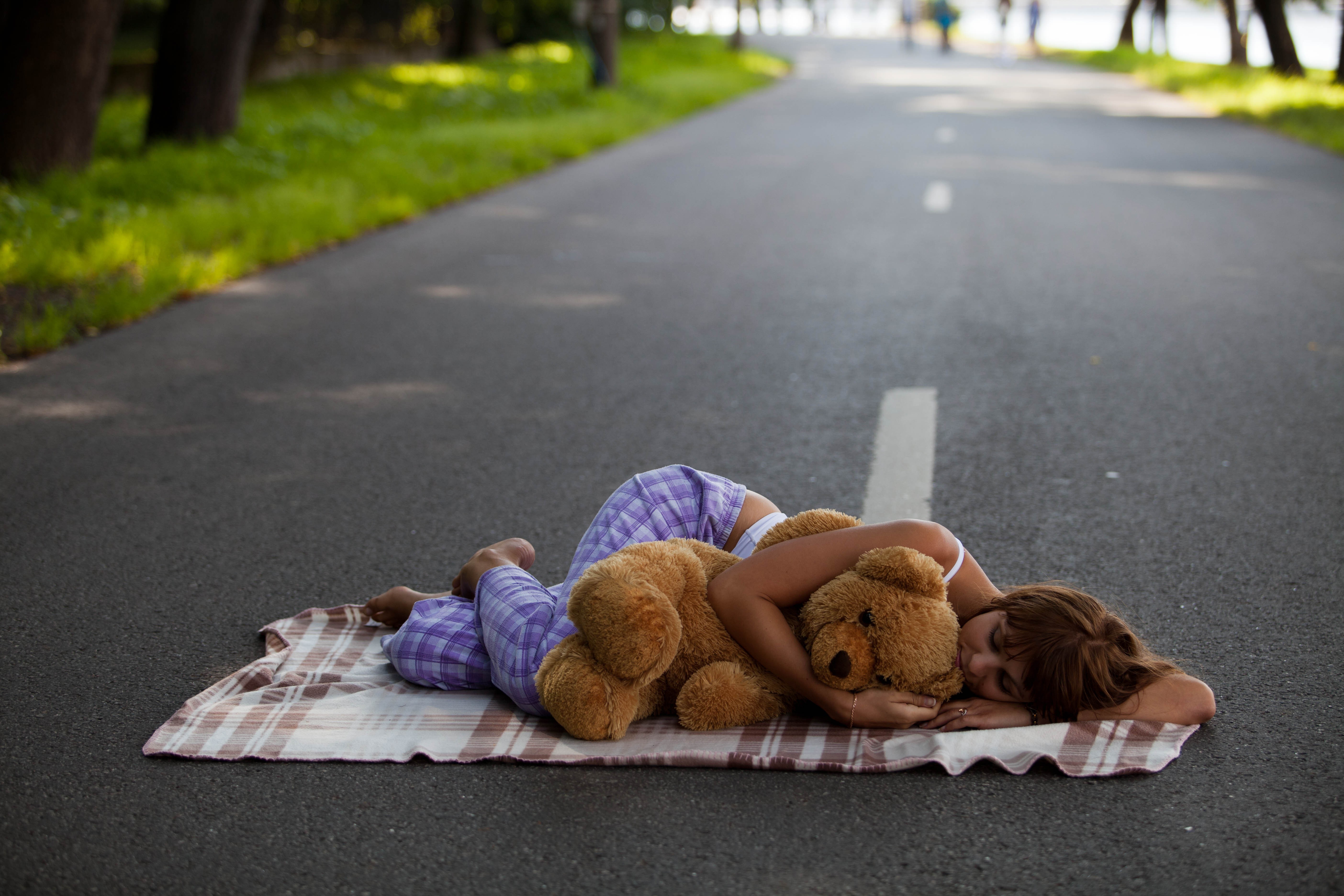 People 5616x3744 women model road asphalt teddy bears sleeping women outdoors lying on side pyjamas