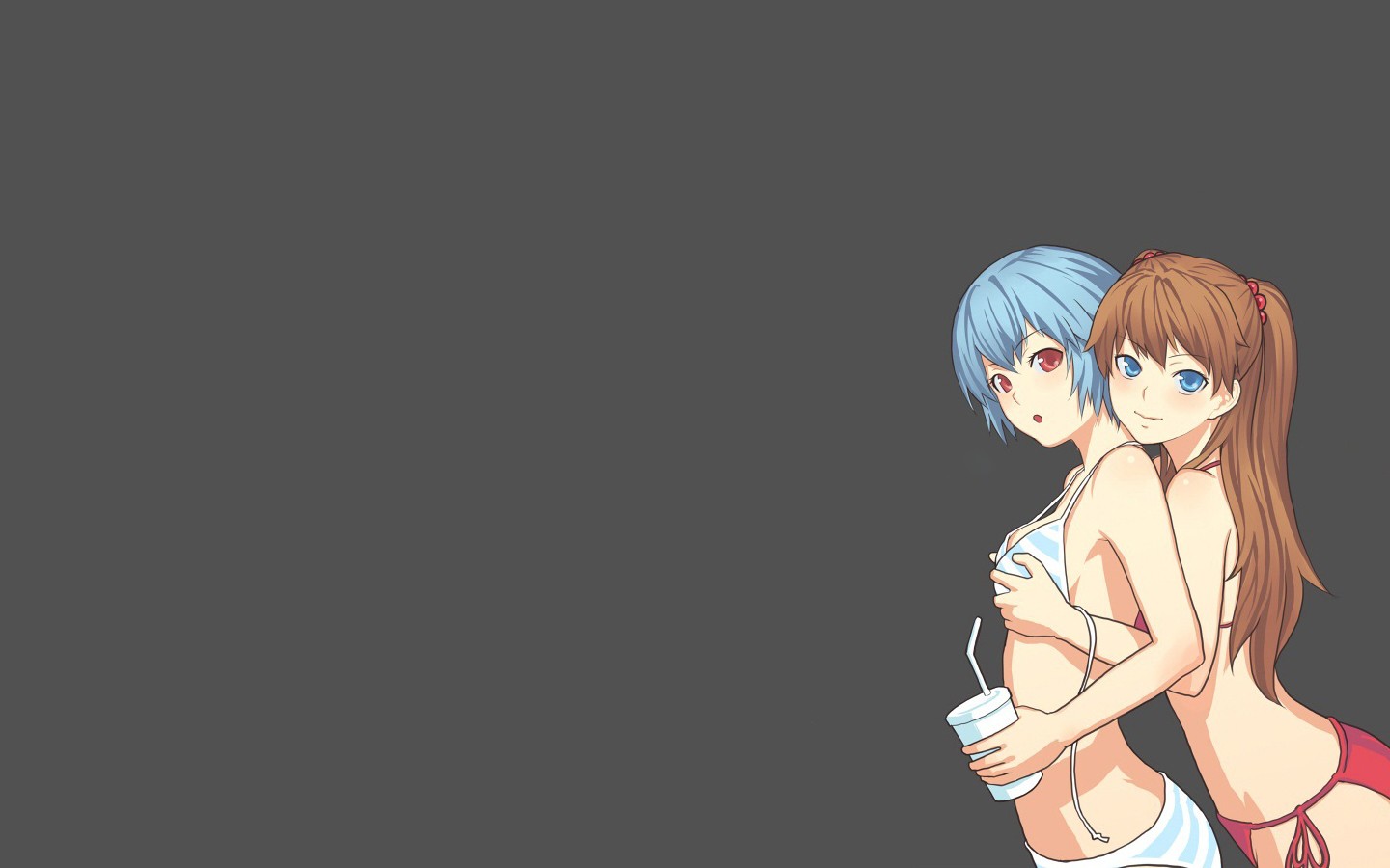 Anime 1440x900 Ayanami Rei Neon Genesis Evangelion Asuka Langley Soryu anime anime girls brunette blue hair red eyes blue eyes bikini hands on boobs looking at viewer simple background gray background undressing