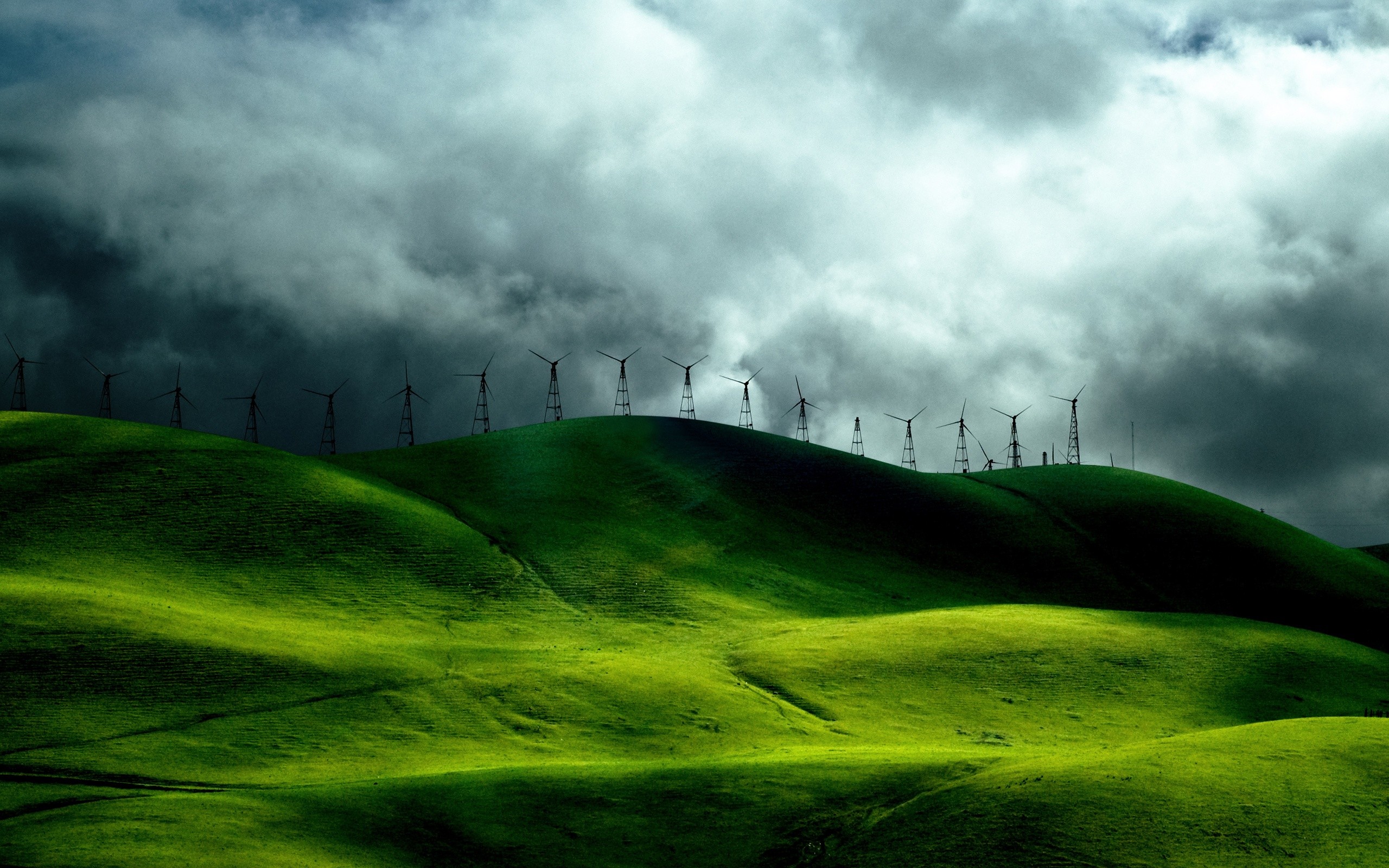 General 2560x1600 landscape clouds dark field outdoors hills wind turbine