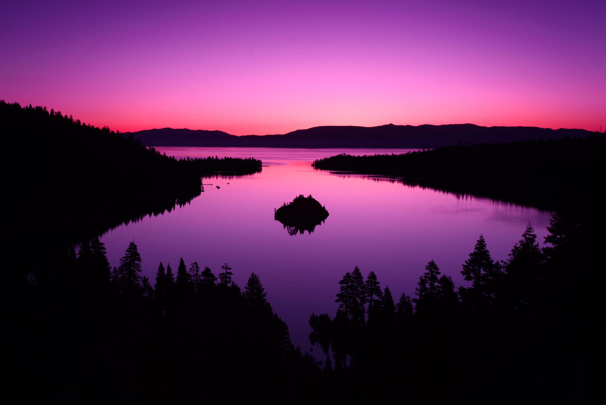 General 2048x1367 photography nature landscape lake hills mountains sky pink forest dark island spruce purple sky purple low light
