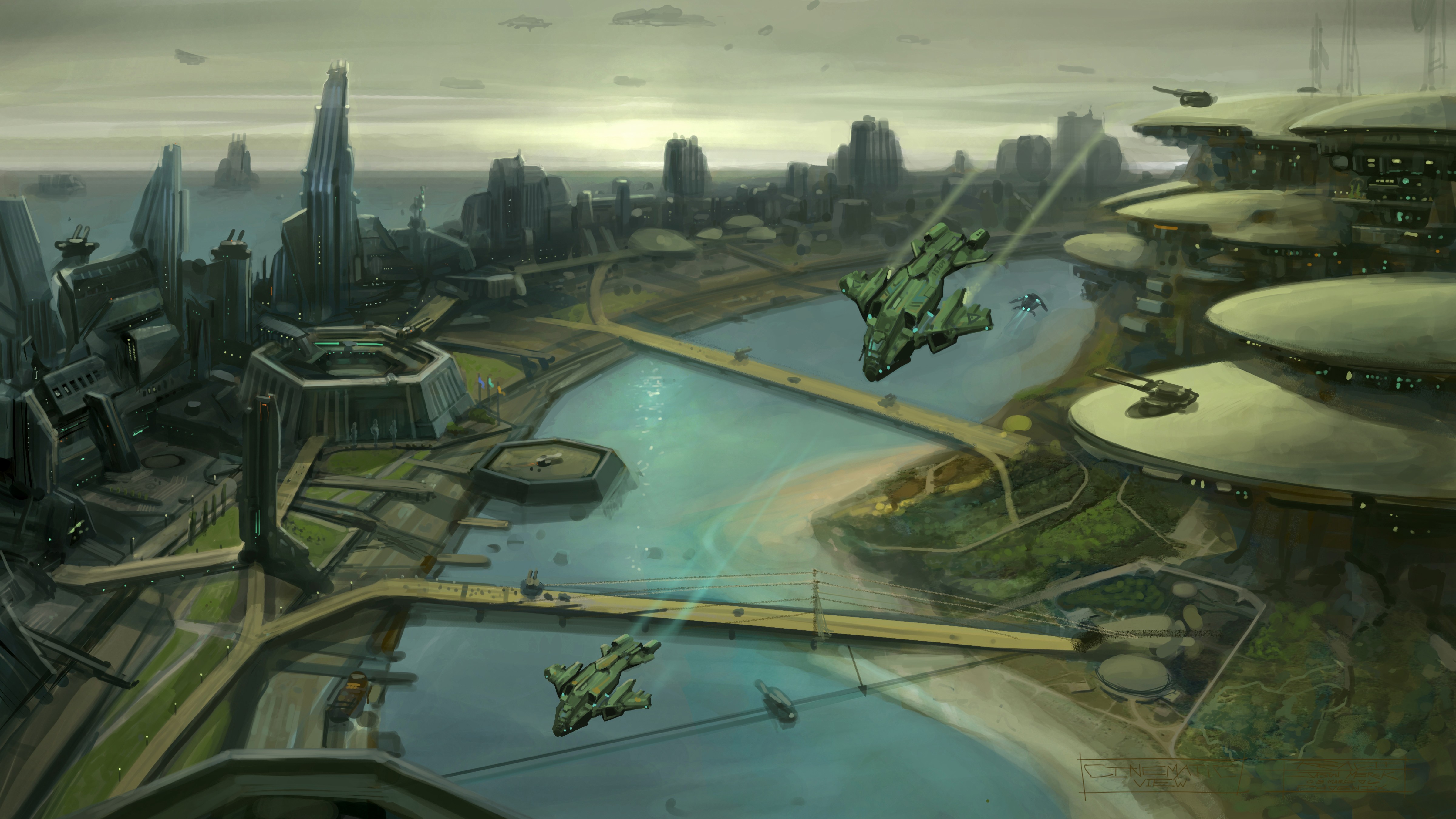 General 4800x2700 digital art futuristic video games Halo Wars landscape cityscape spaceship flying river futuristic city building Halo (game) video game art science fiction