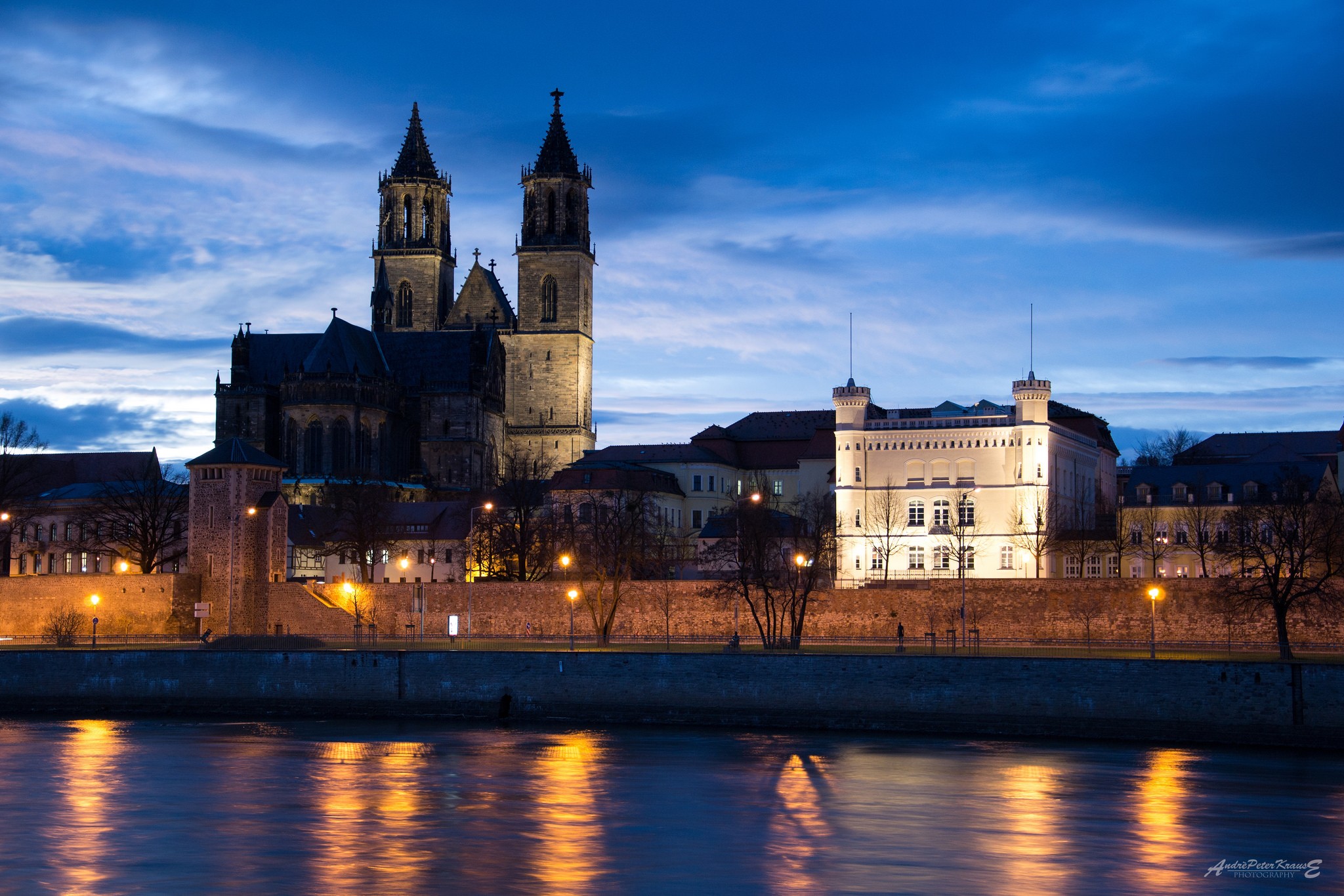 General 2048x1365 architecture cityscape building old building castle clouds lights Germany cathedral evening river reflection Magdeburg watermarked low light